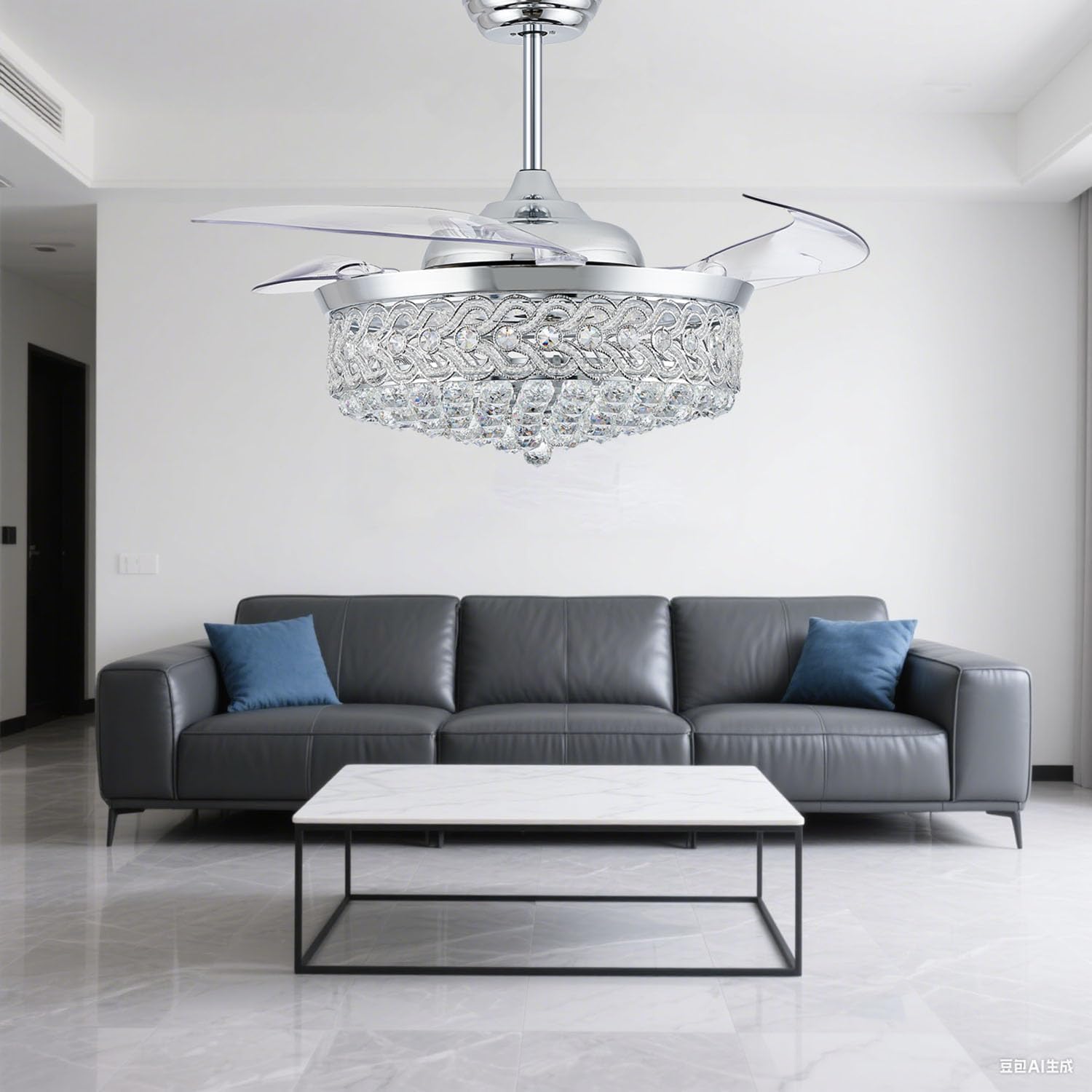 52" Crystal Ceiling Fan with Light and Remote，Dimmable Fandelier with Invisible Retractable Blades, Modern Chandelier Ceiling Fans with Lights for Bedroom Living Room 6 Speed Chrome