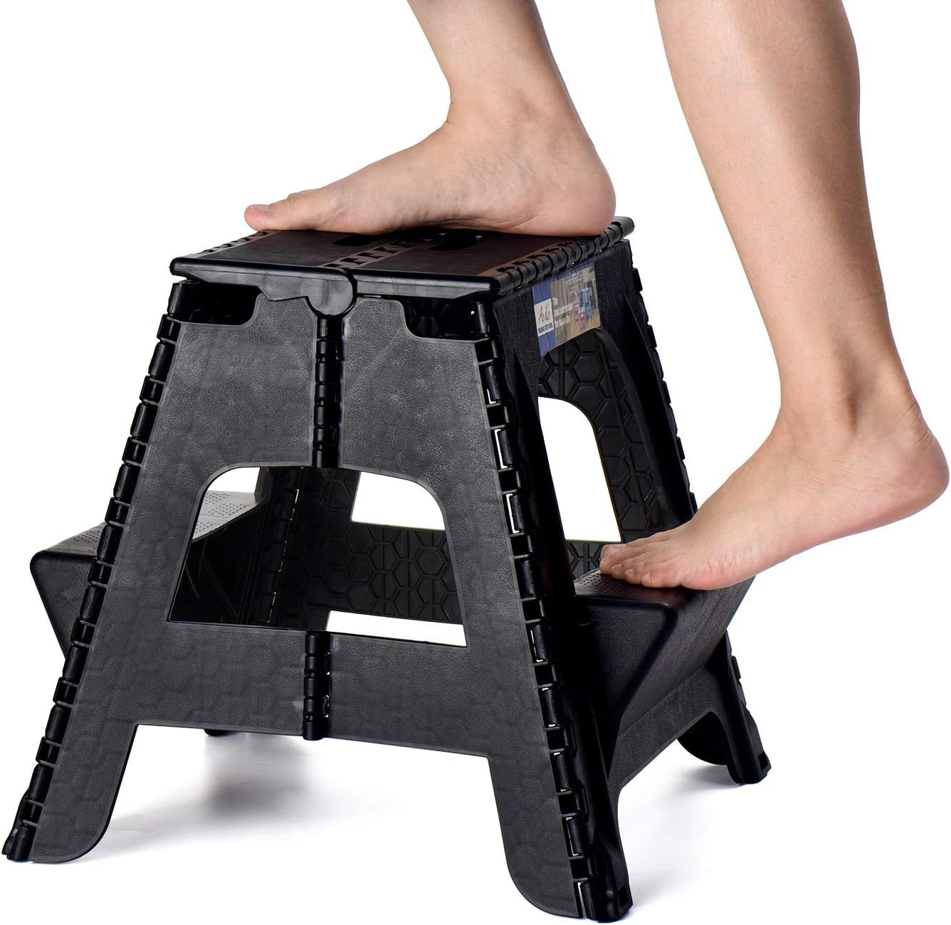 Acko 2-in-1 Dual Purpose Folding Step Stool Two Step Ladder Durable Plastic Folding Stool with Pedal Easy Storage 15 Inches Height 300 lbs Capability Black