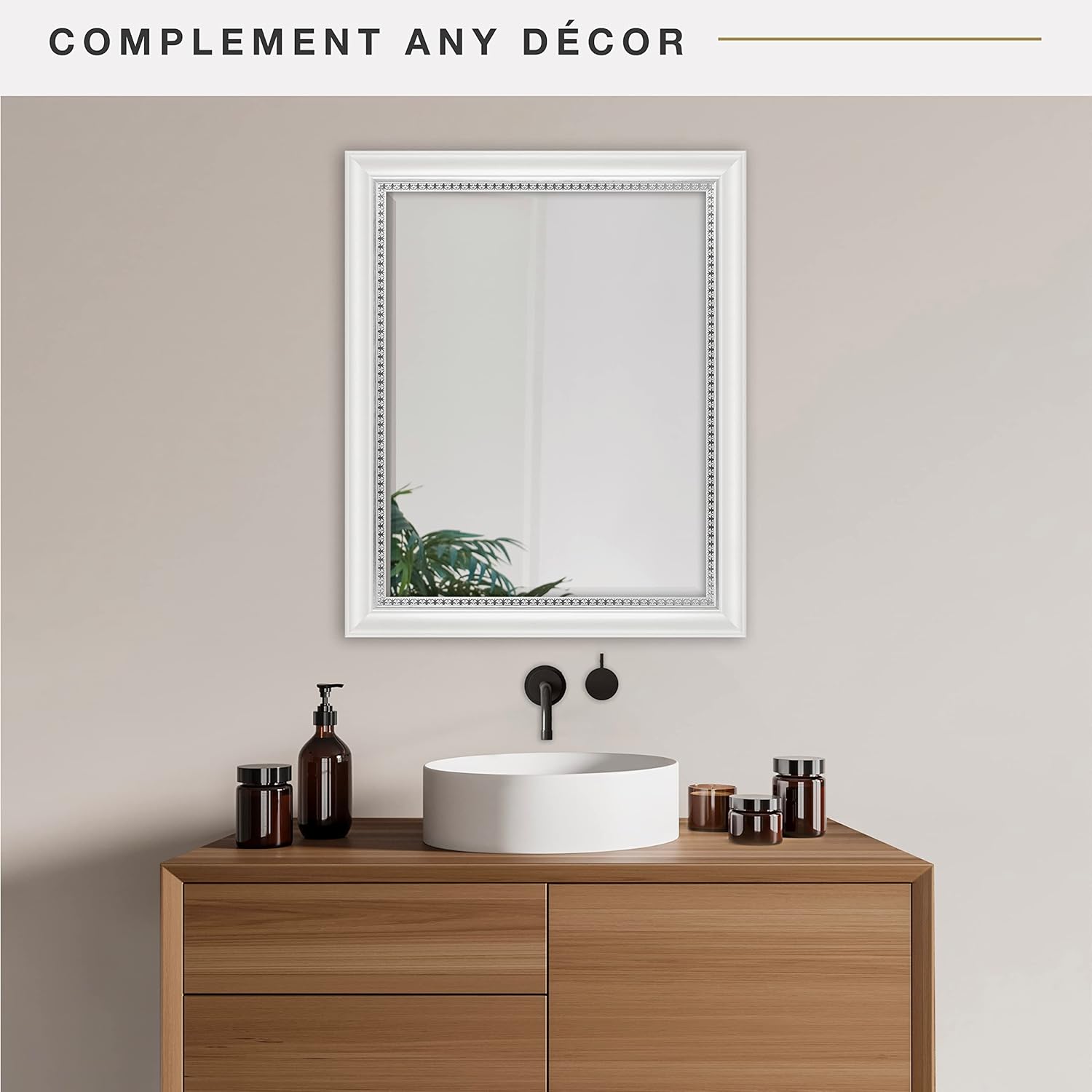 MCS 22x28 Large Wall Mirror, White Woodgrained Frame with Silver Embossed Detail & Beveled Detail Mirror, Vertical & Horizontal Wall Hanging Mirror for Bathroom, Bedroom & Livingroom