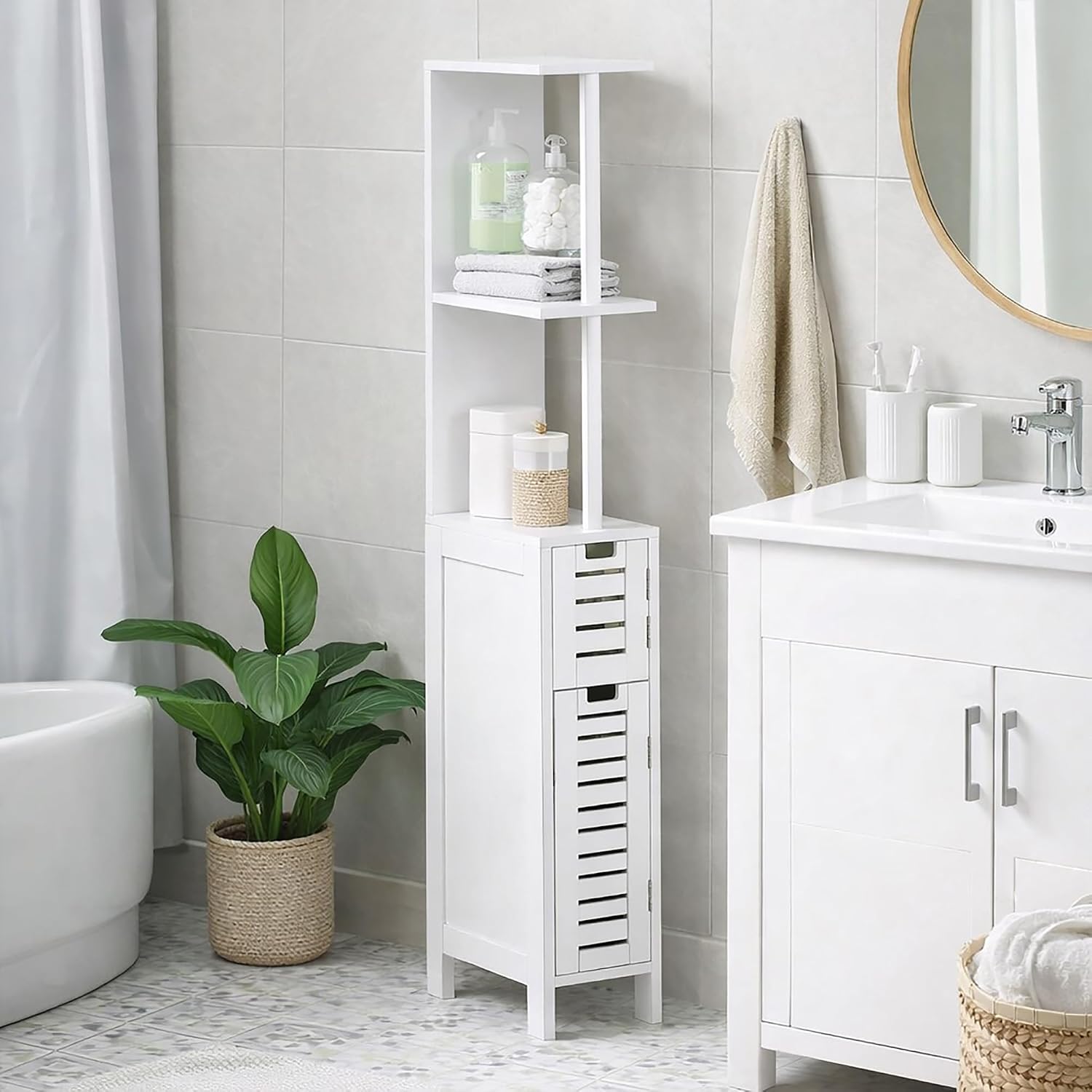 EVIDECO French Home Goods Slim Bathroom Storage Cabinet with Open Shelves and Two Doors, Freestanding Organizer for Compact Spaces, Ideal for Towels, Toiletries, White Finish – Miami Collection