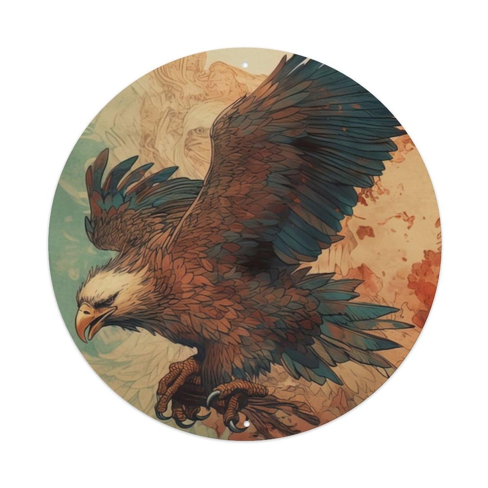 Animal Art Soaring Eagle Vintage Metal Tin Sign Plaque Wall Decor for Cafe, Club, Garden Round Metal Poster 8x8Inch