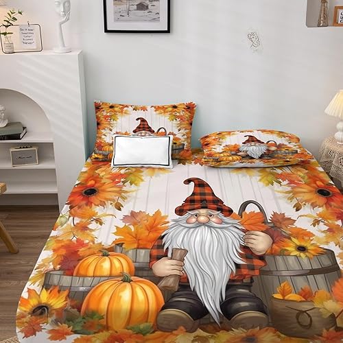 Miniatura 3 de Sábanas de gnomo de Acción de Gracias, tamaño Queen, sábanas rústicas de otoño de calabaza, girasol, granja, bolsillo suave y profundo, sábanas y