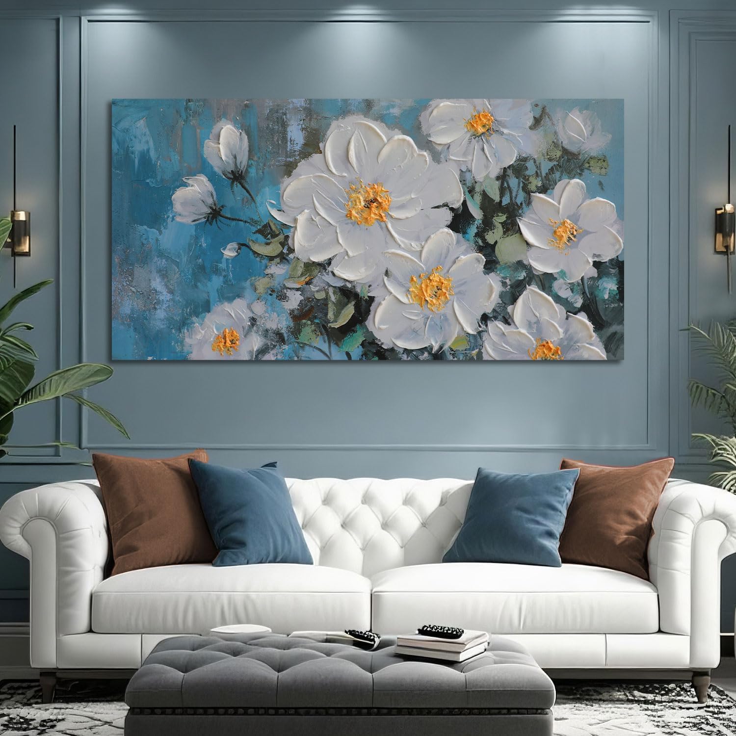  White Floral Wall Art for Living Room, Flower Canvas Painting Textured Bedroom Wall Decor, Rustic Teal Background Picture Extra Large Framed Artwork Home Office Dining Room Kitchen 58"x29" thumbnail