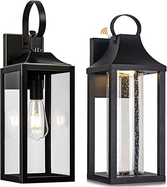 19IN No Dusk to Dawn & 15IN Dusk to Dawn Wall Light, Black Outside Farmhouse Wall Sconce, Industrial Wall Mount Light Fixture with Glass, Waterproof Modern Porch Lighting Exterior Lamp