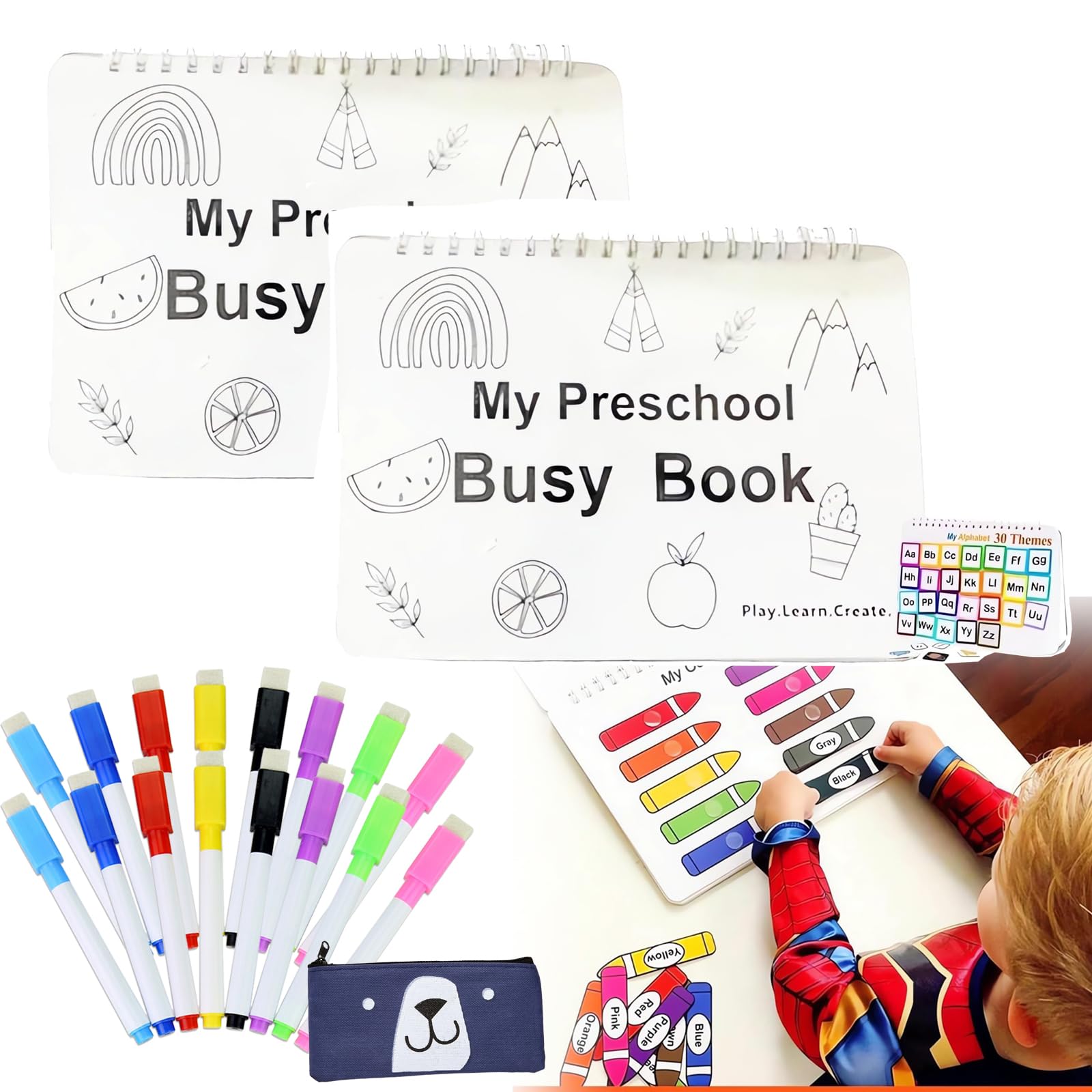 Camic Preschool Busy Book, 2pcs, Ages 2-5, Educational Learning Activities with 12 Themes, Tracing Coloring Book