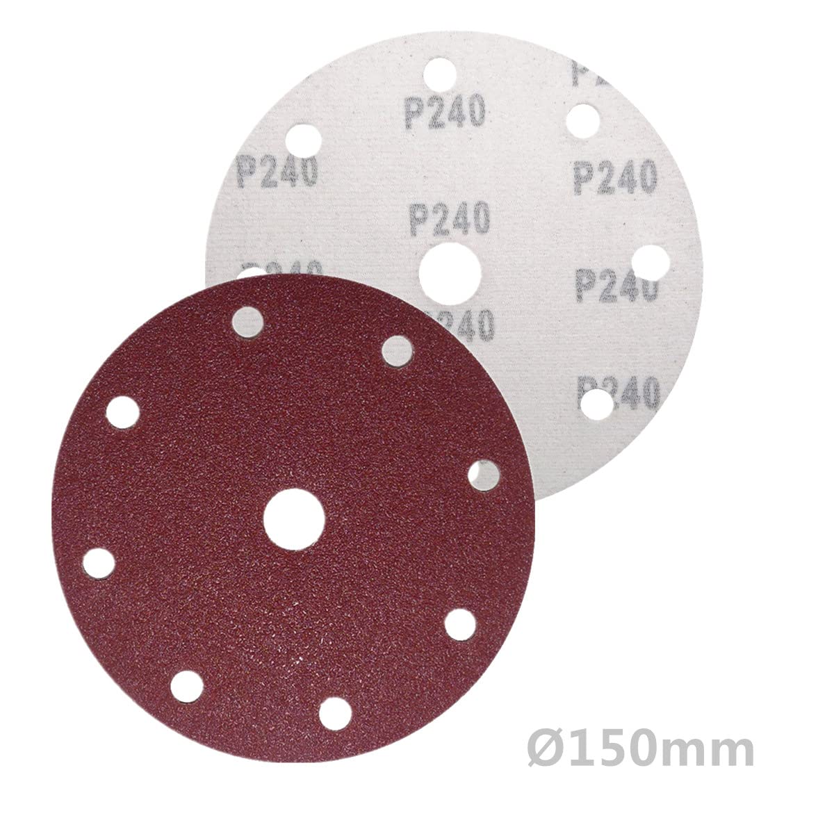 Discos de lija excéntricos (25 unidades, 150 mm de diámetro, 9 agujeros, grano P240)