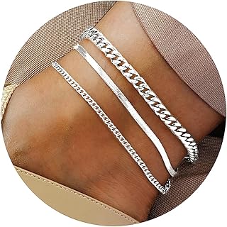 Sterling Silver Ankle Bracelets for Women Strong Lobster Clasp - Cuban Link, Figaro, Rope, Flat Mariner, Snake Herringbone, Satellite, Paperclip - Summer Beach Waterproof Silver Anklet