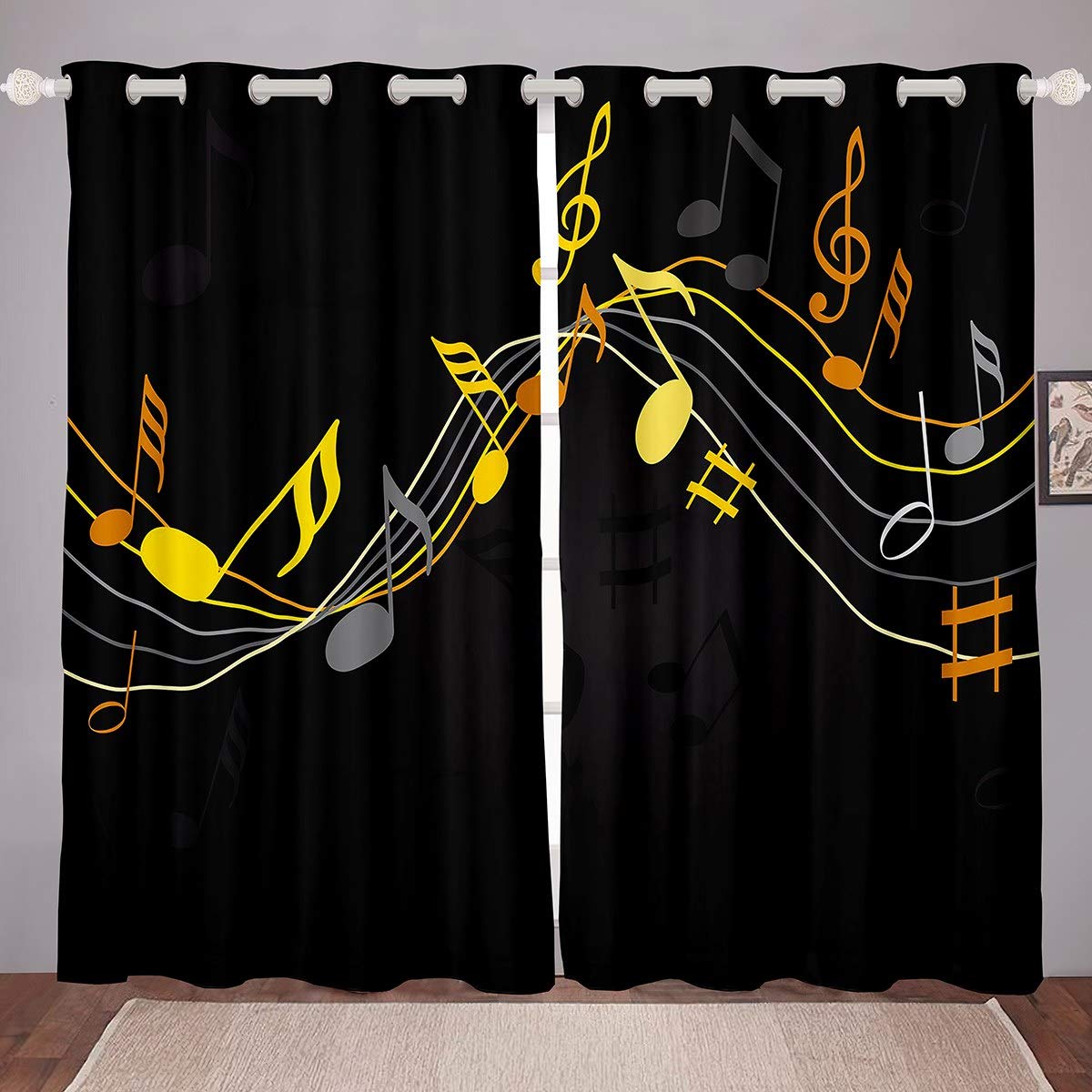 Loussiesd Boys Multi 16 Music Themed Curtains Musical Pattern Blackout Drapes For Kids Girls Golden Black Music Staff Window Curtain Panels Simple Modern Design Window Treatments Room Decor W46*L54