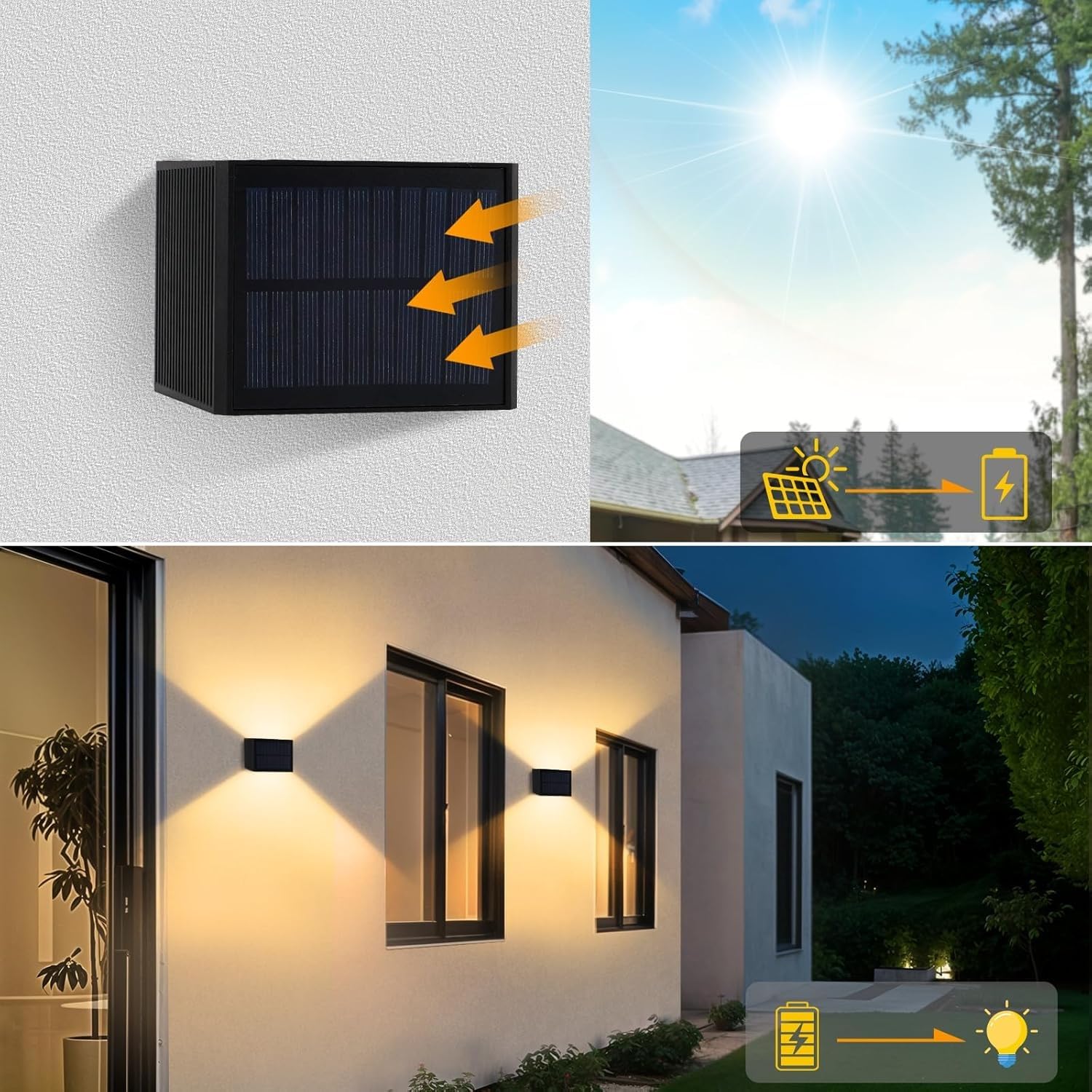 2 szt. zewnętrzne oświetlenie ścienne LED, solarne oświetlenie garażowe 3000/6000 K, regulowana wiązka światła u dołu, wodoodporna lampa solarna LED IP65 10 W, do ściany ogrodowej i ogrodzenia (6000 K