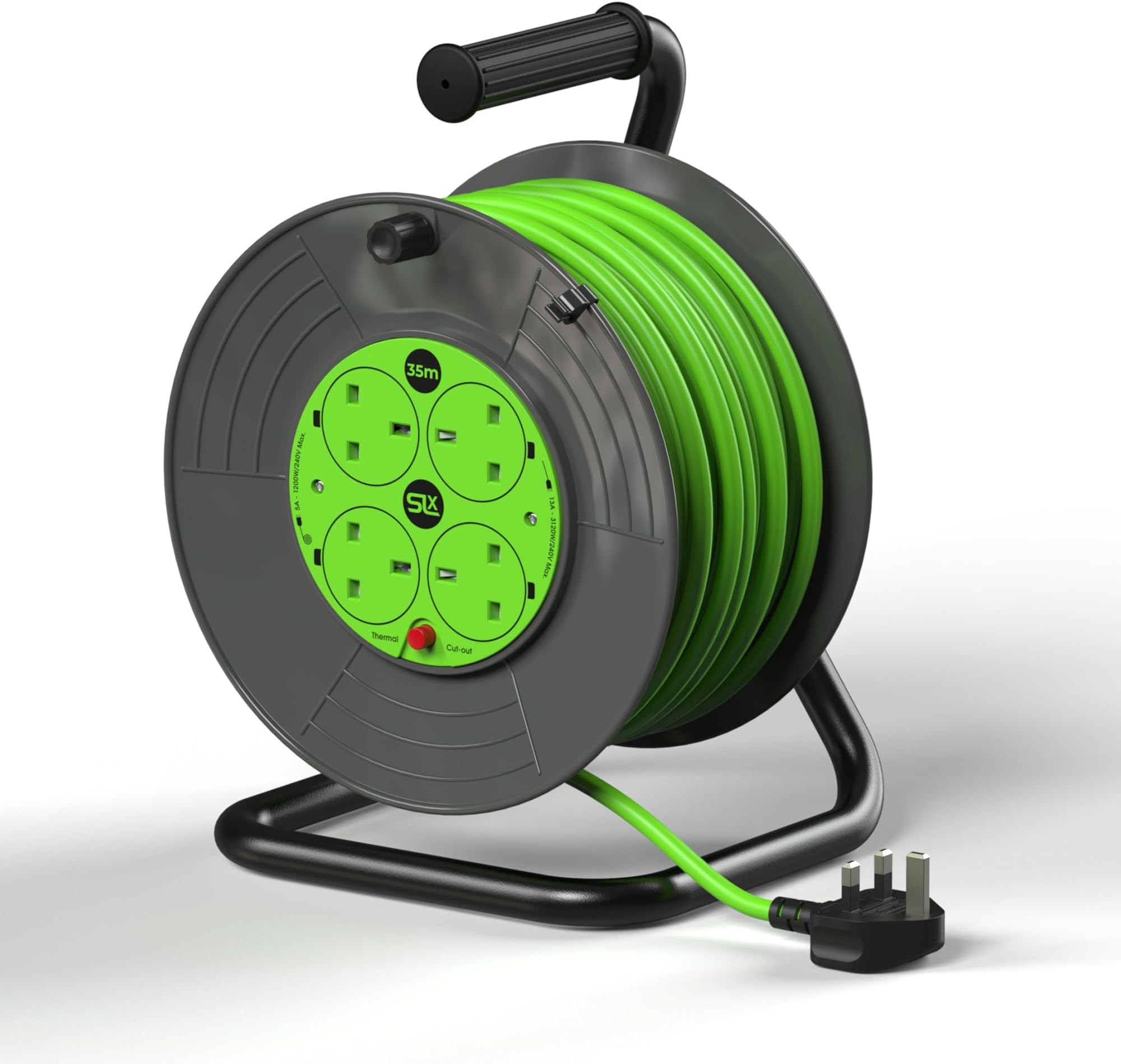 Extension Lead 35m 4 Socket Open Cable Reel with Thermal Cut Out, Extra Long Heavy Duty Extension Cable for Garden, DIY and Workshop, 13A Fused UK Plug in Grey & Green