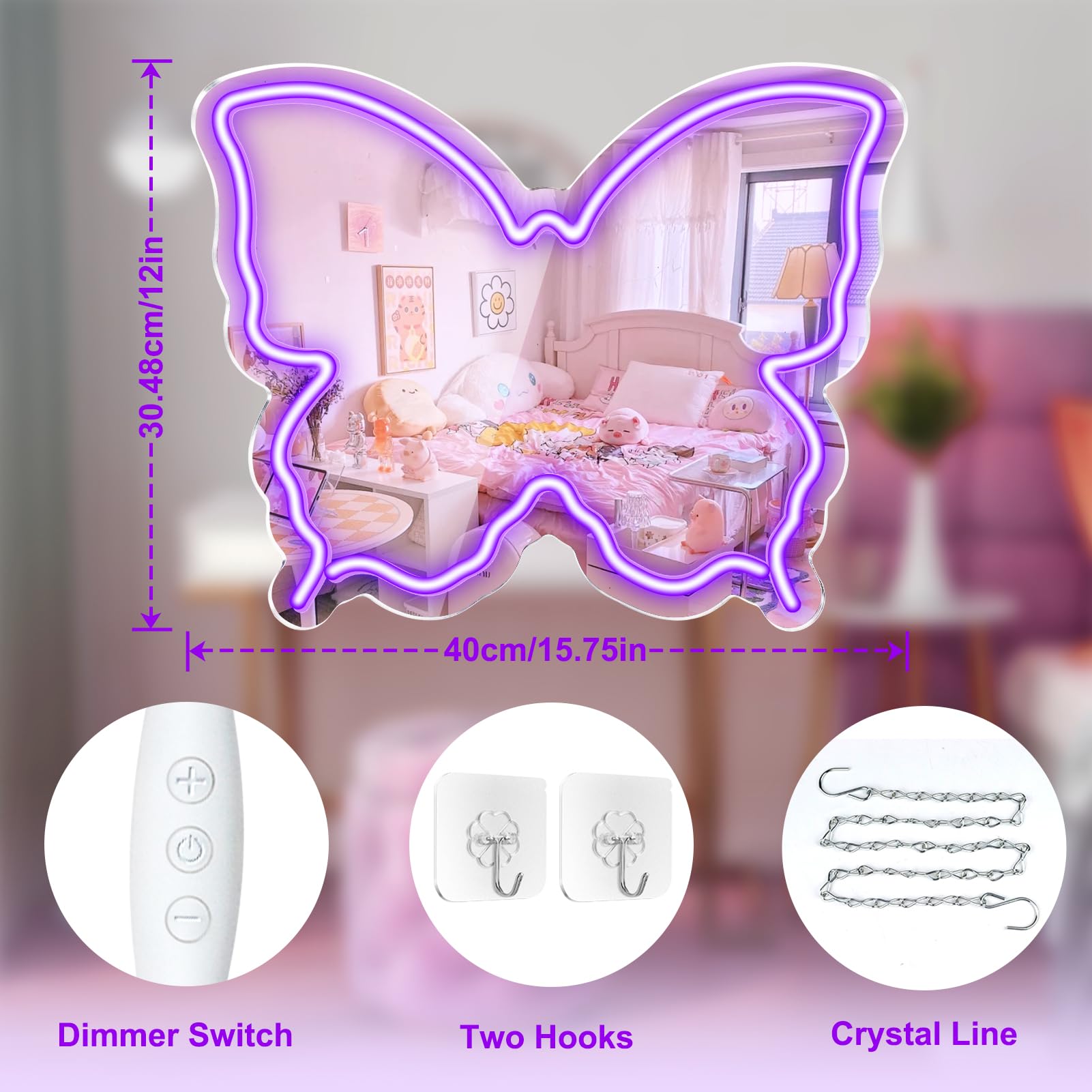 Butterfly Neon Signs Mirror Vanity, 15.75''x 12'' Cute Girls Purple Neon Light Adjustable Brightness - Image 4