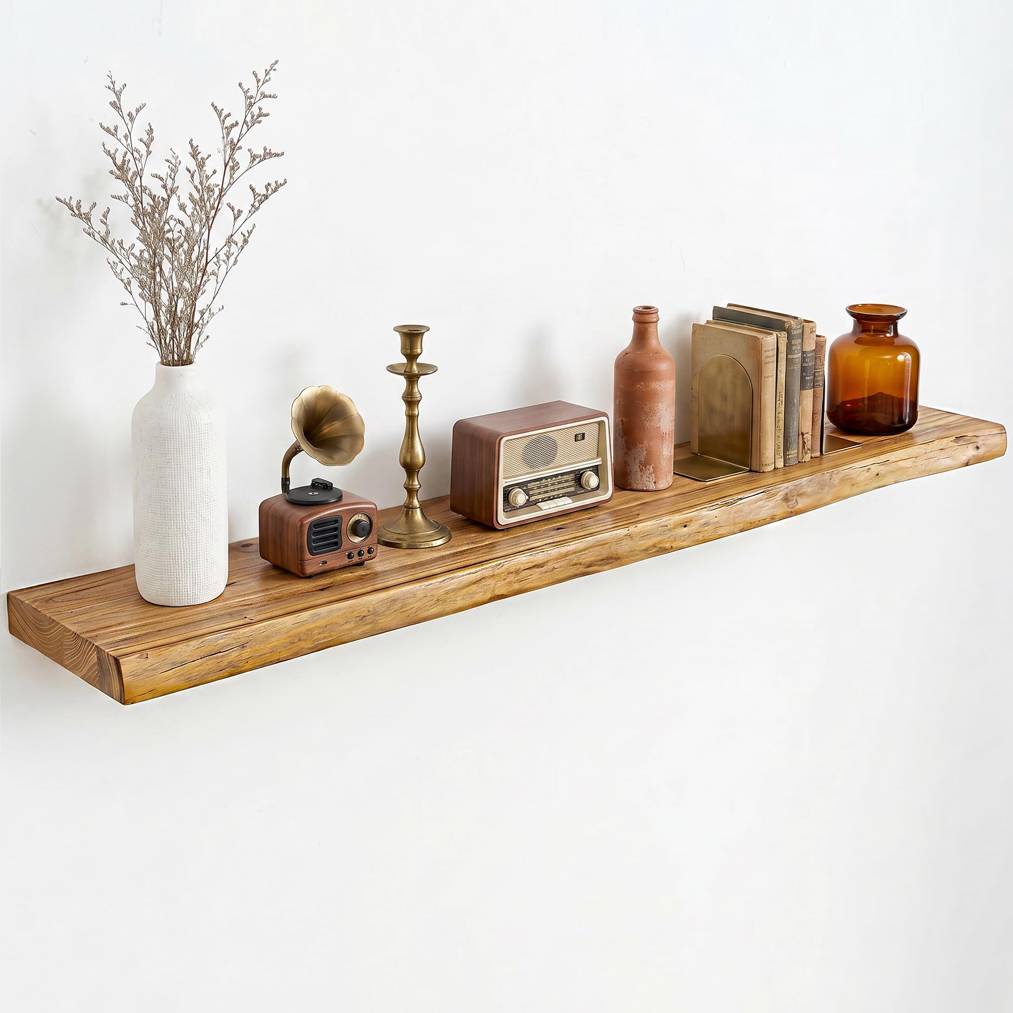 Dreamland Rustic Elm Wood Floating Shelves for Wall Decor, 48 Inch Long Live Edge Wooden Floating Shelves Wall Mounted, 8 Inch Deep Wall Shelf for