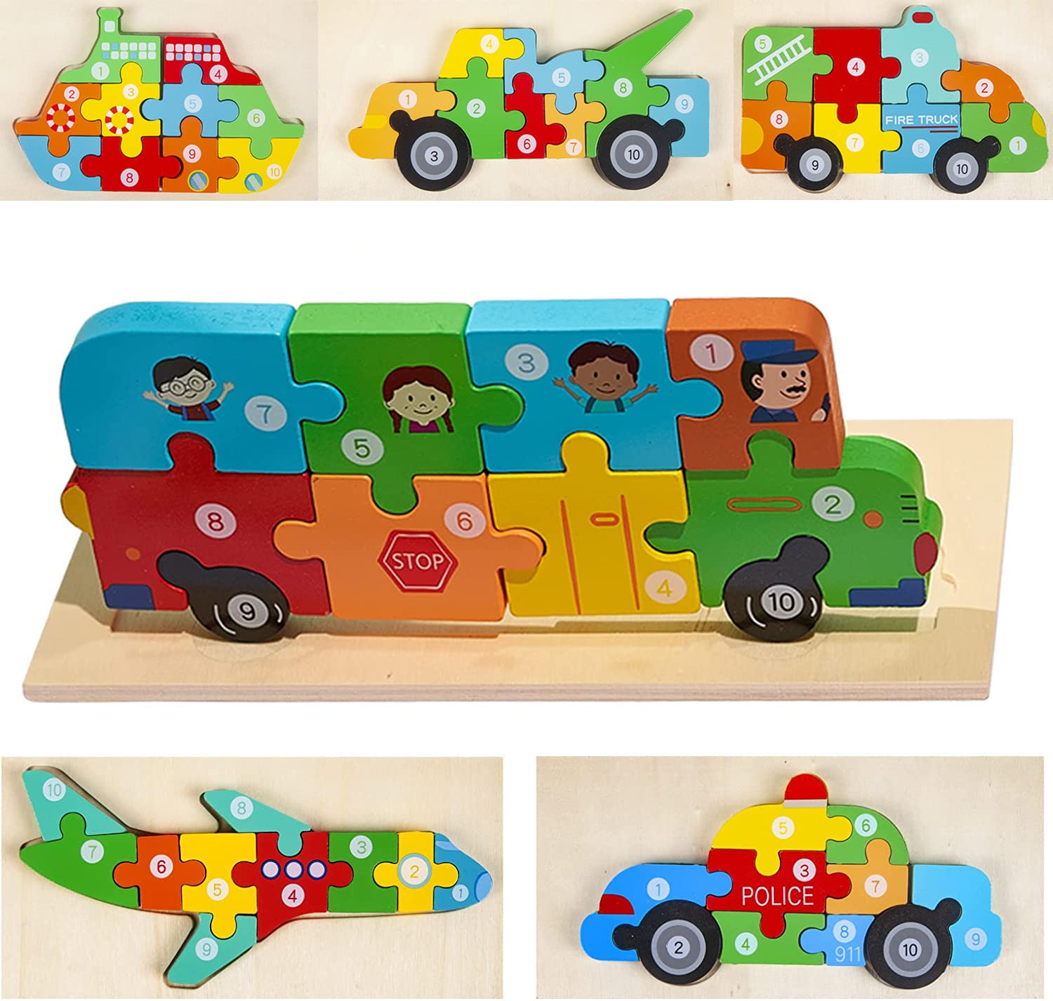 Beauenty 6 Pack Wooden Puzzles for Toddlers 1 2 3 4 5 6 Years Old, Montessori Wooden Toddler Puzzles for Boys & Girls Ages 1-6 Years, Bright Vibrant Color Shapes, Gift for Kids (Vehicle)