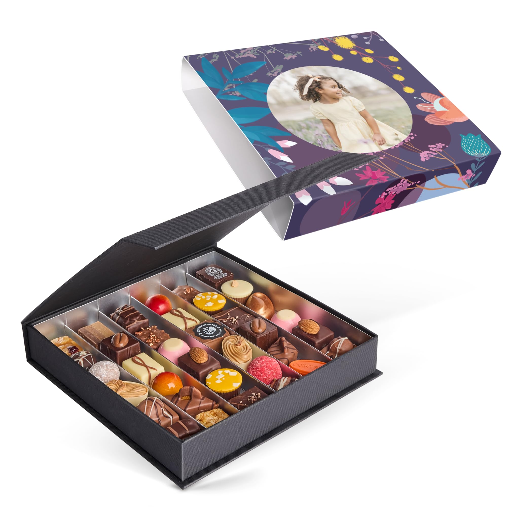 Personalisierte Luxe Bonbons Geschenkbox - Schokolade Bonbons mit Foto oder Text, 36 handgemachte Stücke, exotische und traditionelle Geschmäcker, gemacht aus hochwertiger Schokolade (36 Stück)