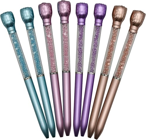 Miniatura 8 de Maydahui 24 bolígrafos retráctiles con forma de rosa, bolígrafos retráctiles con gemas de arena movediza de cristal, tinta negra, para escuela,