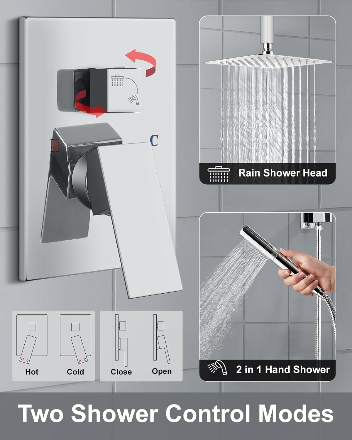 Aolemi Polski chromowany system deszczownicy 25 cm do montażu na suficie kwadratowa głowica prysznicowa zestaw z prysznicem ręcznym 2 w 1, 2 funkcje, mocowanie baterii prysznicowej, szorstka w