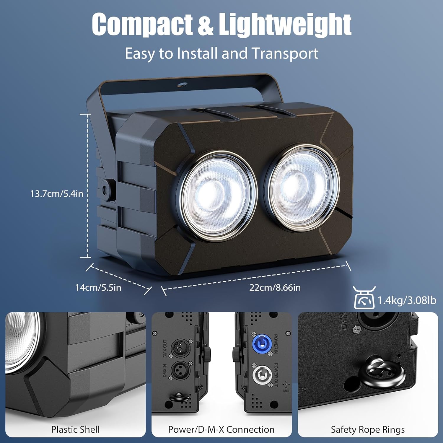 Rear view of DazzlingStage COB LED Par Light showing power and DMX connections, and safety rope ring
