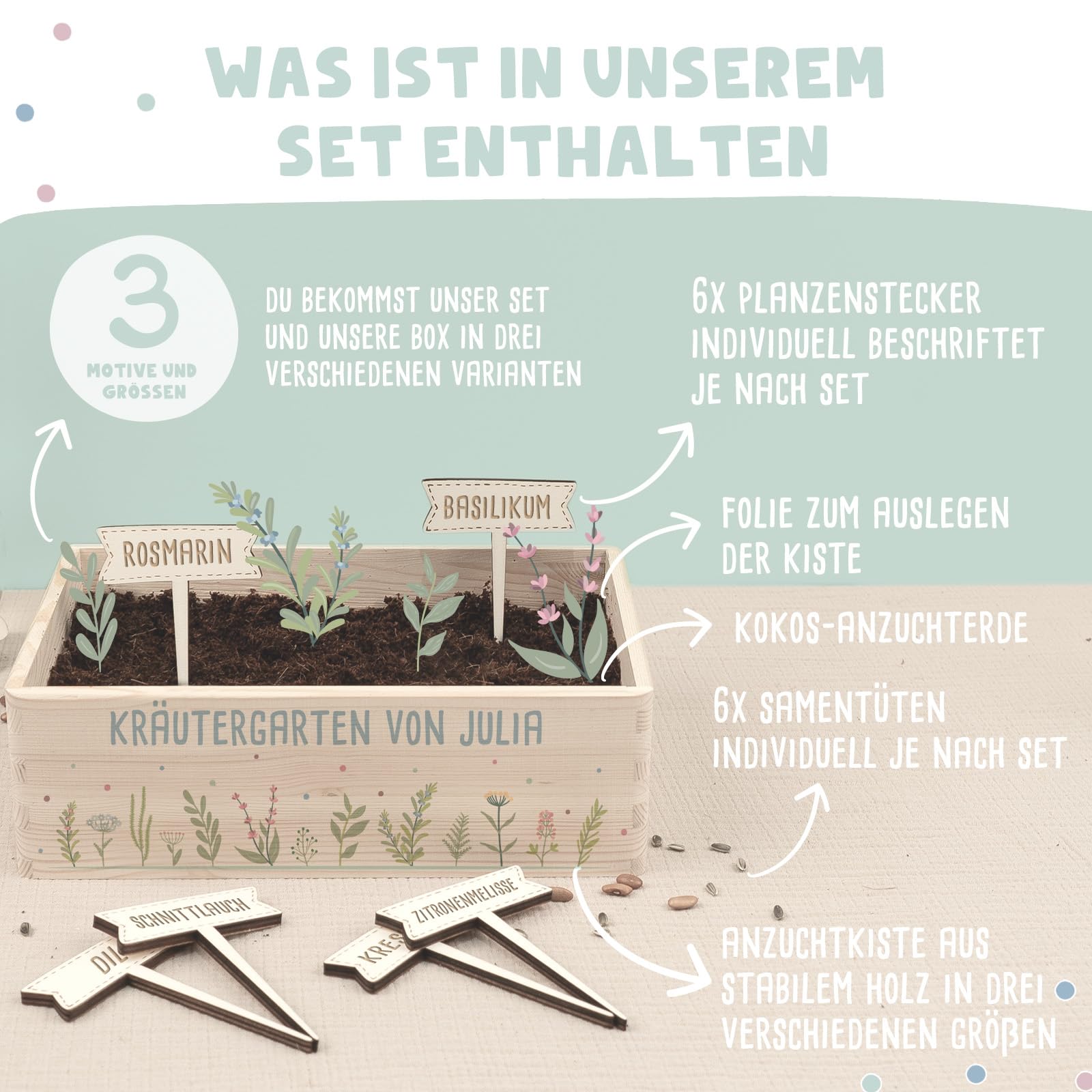 Personalisiertes Saatgut Anzuchtset für Kinder, Mini Gärtner Starter Kit, Garten Holzkiste, Gemüsegarten für Kinder, Kräutergarten, Blumengarten (Kräutergarten, L (40x30x14cm))