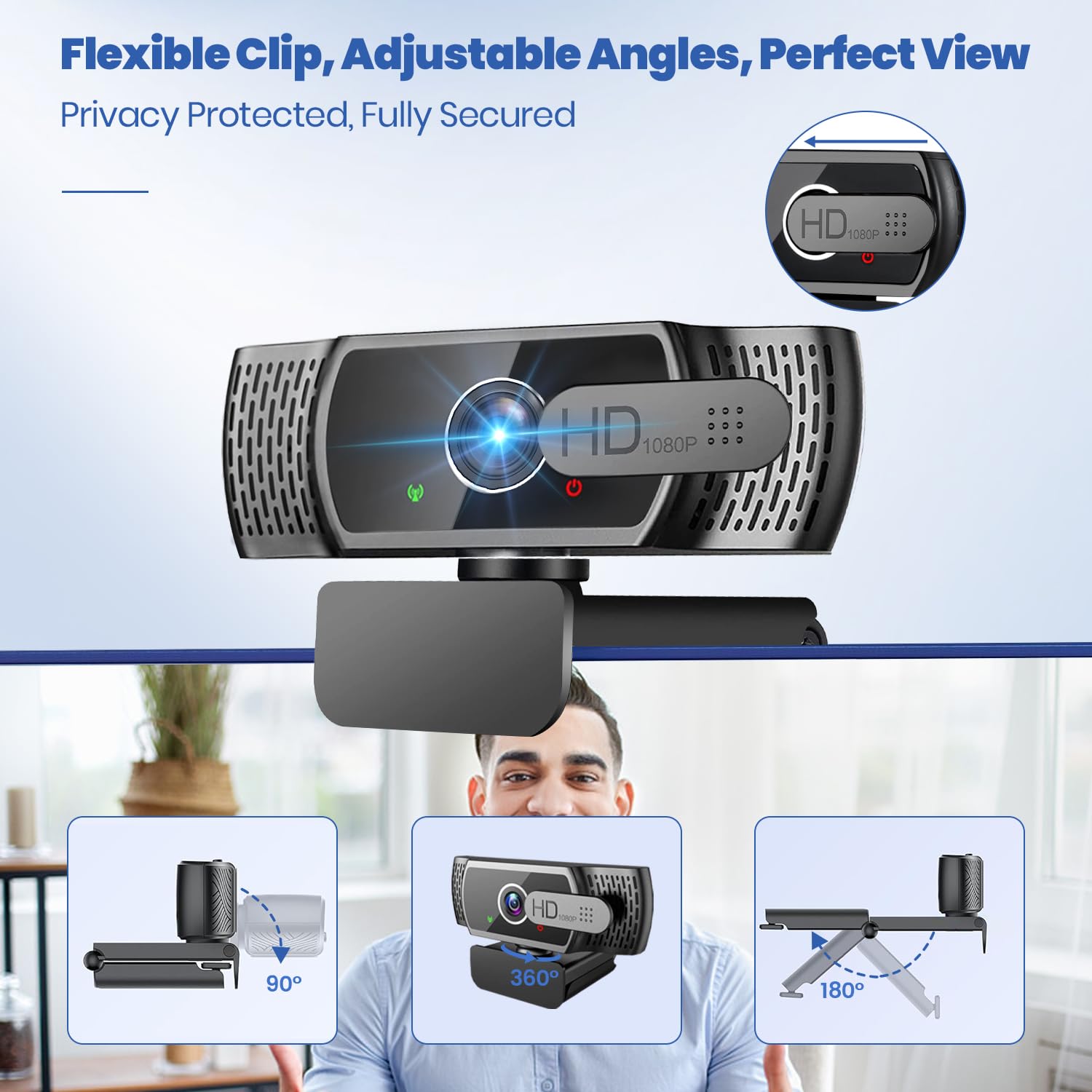 Webcam con microfono per desktop, 1080p HD, webcam USB per streaming live da computer laptop e PC, web camera per videochiamate, conferenze, registrazione di gioco, riduzione del rumore 3D