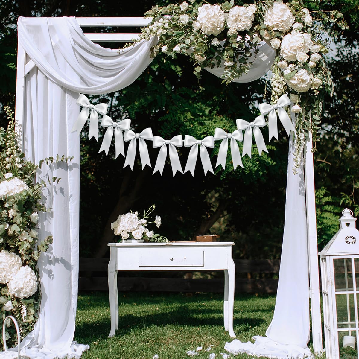 2 Strings of 16PCS White Bow Garlands Banner Decoration,Pre-Strung Satin Ribbon Ornaments for Birthday,Bachelorette Party,Bridal Shower,Wedding,Engagement,Baby Shower, Graduation Decor,Anniversary