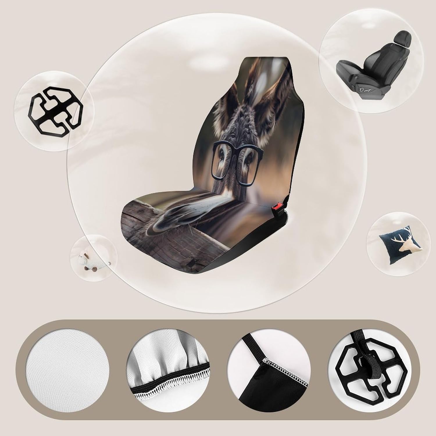 Farmhouse Animals Funny Donkey with Glasses Car Seat Covers Automotive Seat Covers Car Seat Protector Auto Front Seats Protector for Most Cars 2PCS