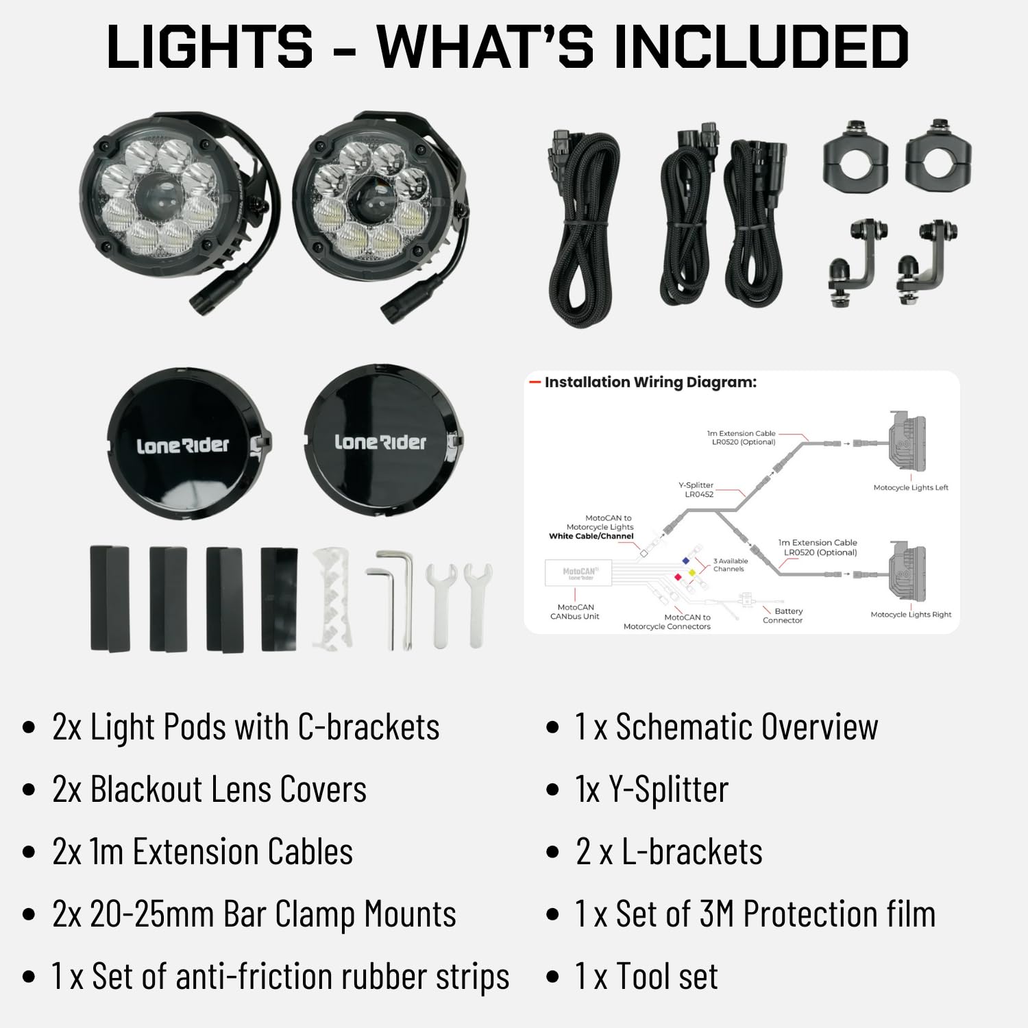 Lone Rider Moto Lights para BMW R1300GS Adventure - Luces LED resistentes al polvo y al agua con DRL, salida de 23200 lúmenes y patrón 6-en-1, Incluye MotoCAN y Under Nose Mount
