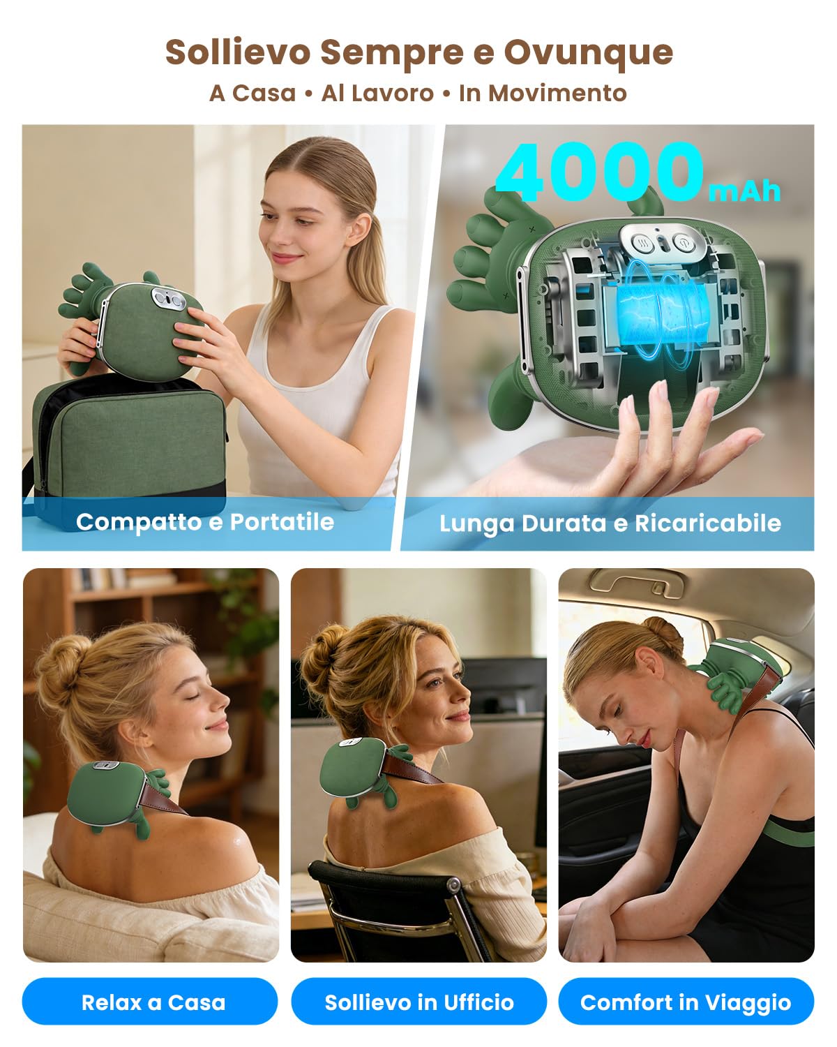 Massaggiatore Cervicale, 4D Shiatsu Bionica Massaggiatore Schiena e Collo, Batteria 4000mAh ad Alta Capacità, 3 Livelli di Intensità, 2 Zone Calore, Massaggiatore Collo Profondo per Alleviare il Dolor