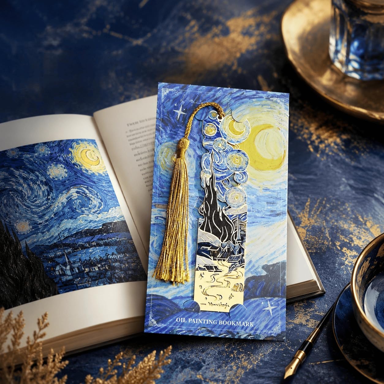 Marcadores de livro de metal com borla, marcador de página vazado dourado Van Gogh Monet, tema de pintura a óleo, marcador de livro para amantes de livros, escritores, leitores, para mulheres e - Noite de estrela e lua