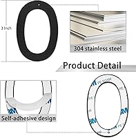 Vista 3 de Número de buzón de 3 pulgadas, números de casa modernos de acero inoxidable negro mate, números de puerta autoadhesivos para apartamentos y oficina 0