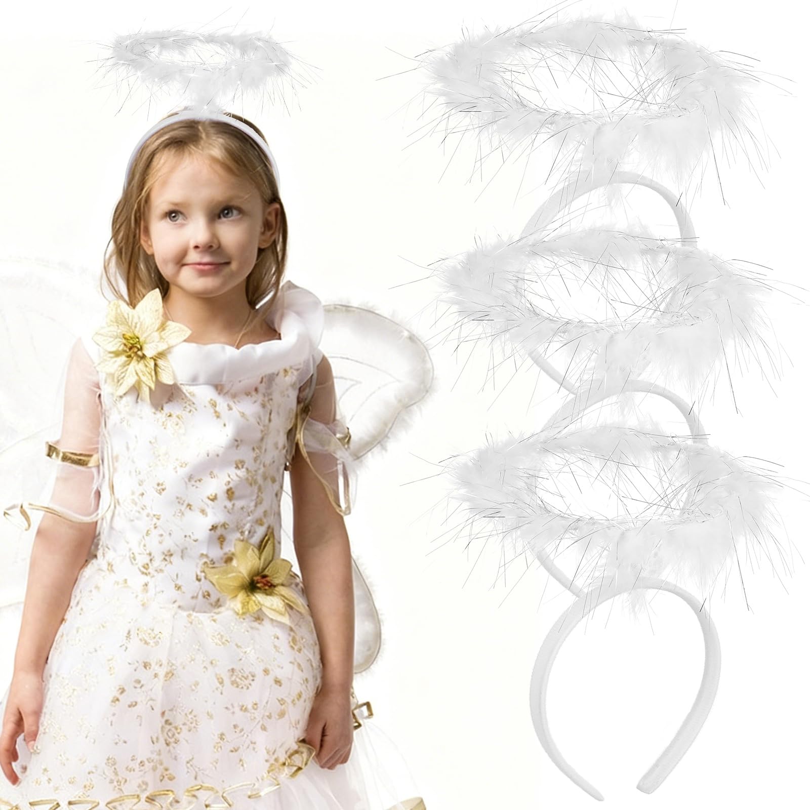 CALLARON 4Pcs Halo Headband for Women, Angel Halo Headband, White Angel Headbands, Cute Christmas Halos Hairband for Girls, Xmas Cosplay Party Costume, Angels Feathered Headpiece Accessory