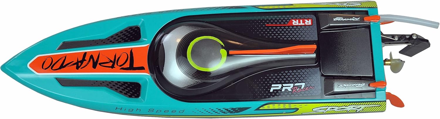 Top view of the Amewi Tornado RC Boat showing the hull, canopy, and rear components.