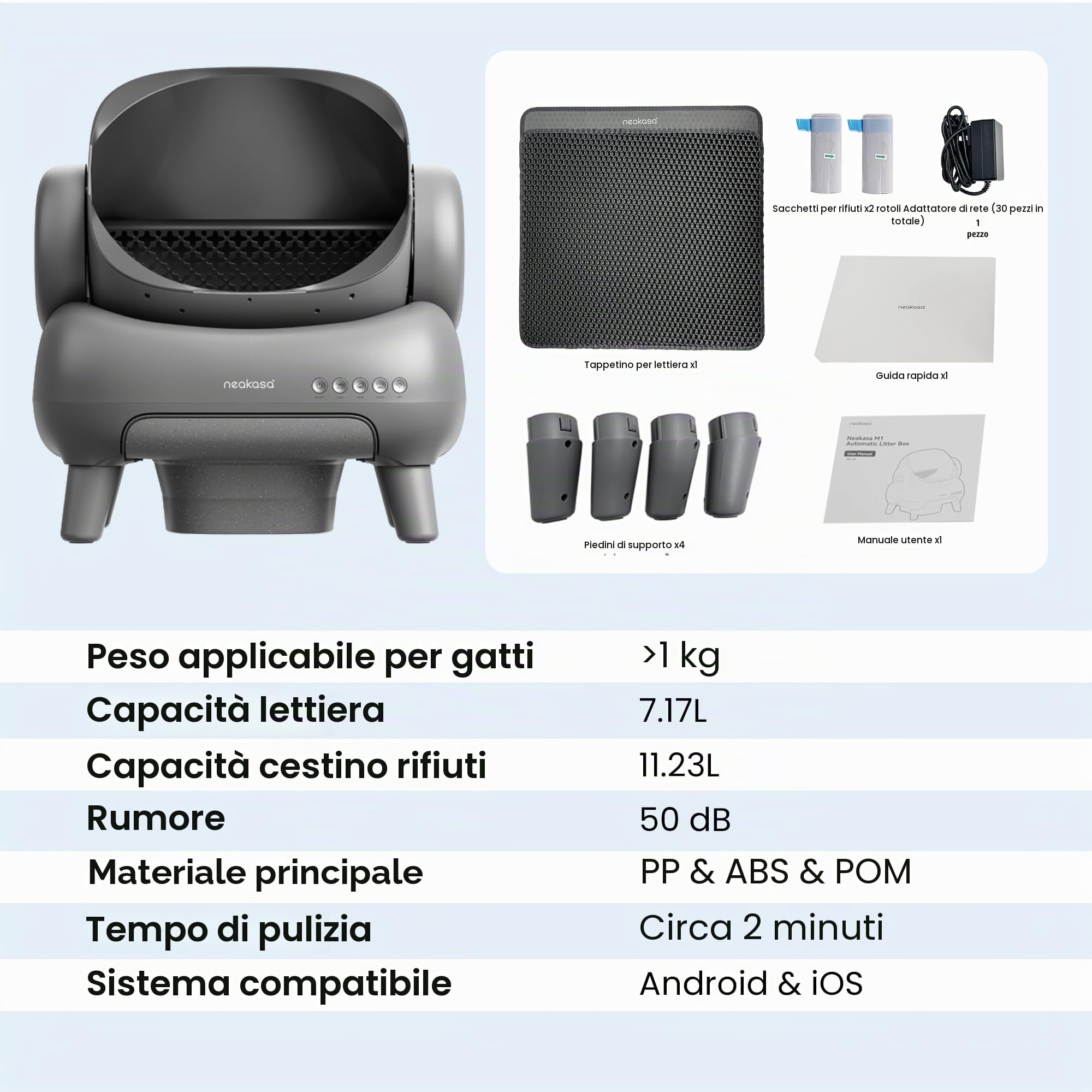 Neakasa M1 Lettiera Gatto Autopulente Aperta Grande XXL, Controllo APP, Smaltimento dei Rifiuti Senza Odori, Sacchetti e Tappeto Lettiera gatto, per Più Gatti