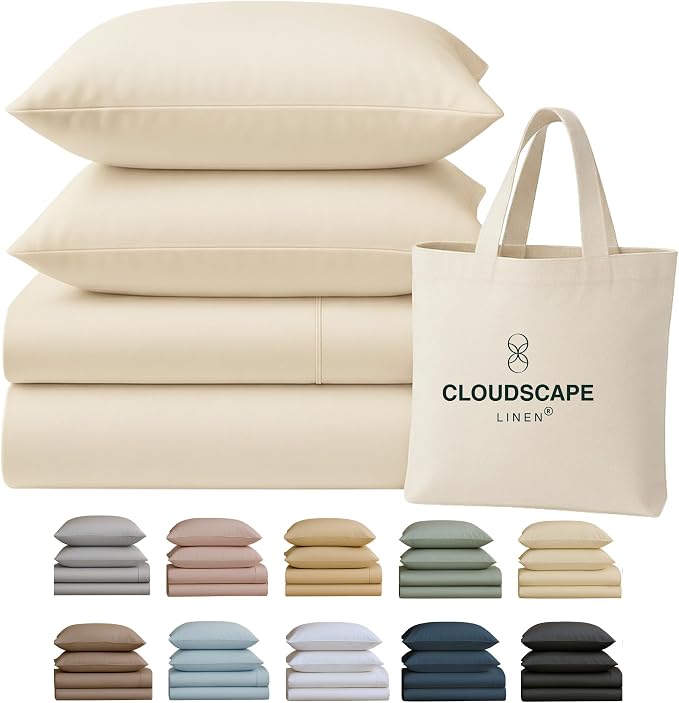 Cloud Scape Linen 400 Thread Count King Size Sheets Set - 100% Egyptian Cotton, Soft, Durable & Breathable Cotton Bedsheet Set, Up to 16" Deep Pocket,Ivory