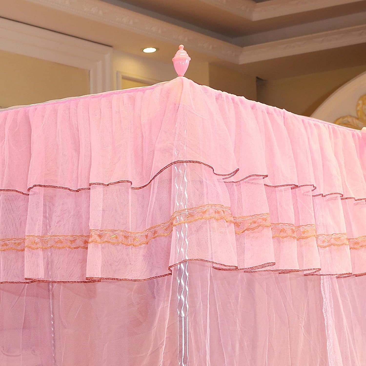 4 Corner Post Bed Canopy, Luxury Princess Net, 3 Side Openings, Polyester/Lace, Pink, Romantic Style, Single/Double/King Size, 150 x 150 x 200 cm