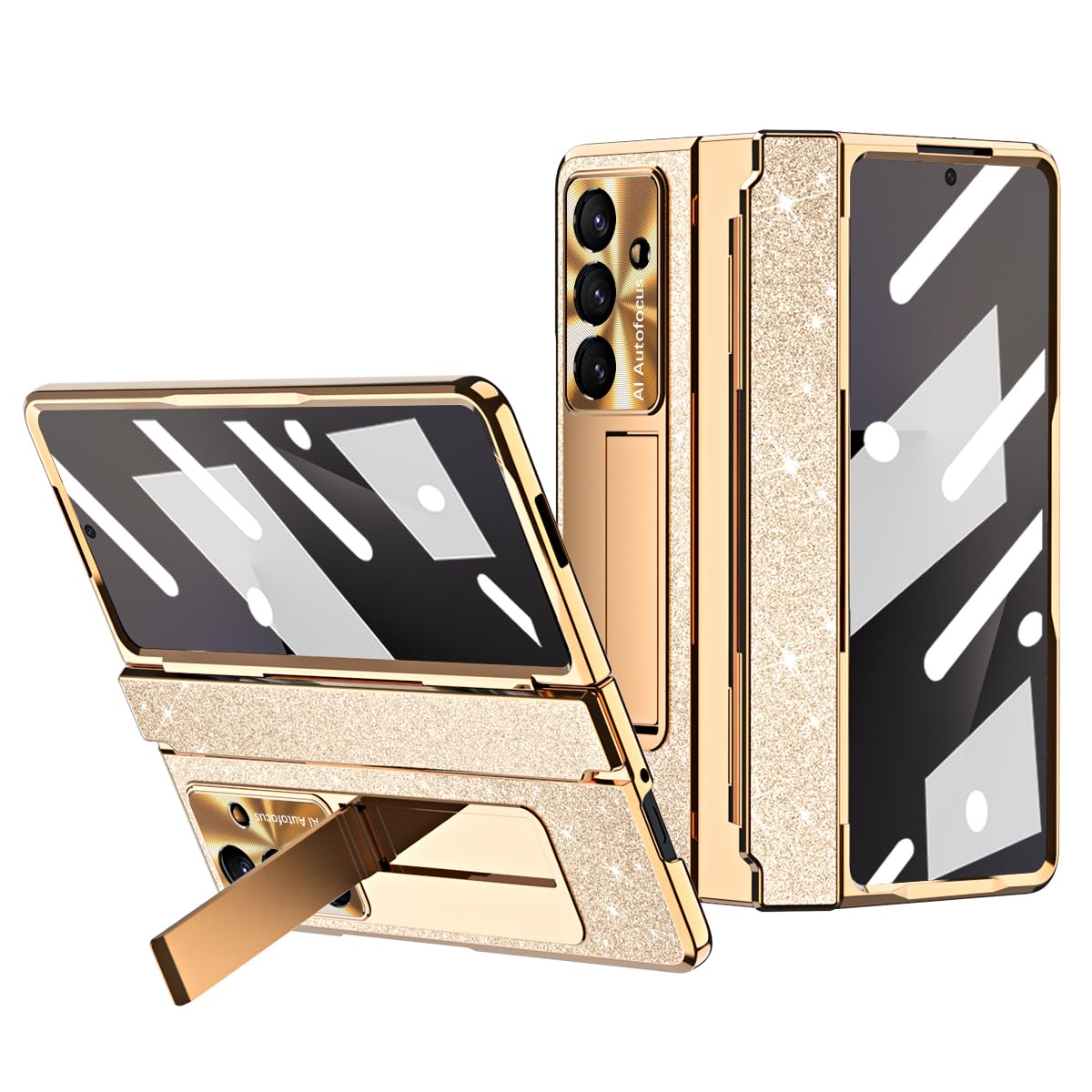 Galaxy Z Fold7用 電鍍フレーム ケース ヒンジ保護付き 閃光デザイン 一体型強化ガラスフィルム ワイヤレス充電対応 隠しスタンド 手帳型 薄型軽量 キラキラ 折り畳み カバー 全包囲保護 スマホ 可愛い 豪華 衝撃吸収 面白い 滑り防止 フリップ かわいい おしゃれ 二層構造 指紋防止 Beautycatcher - 金