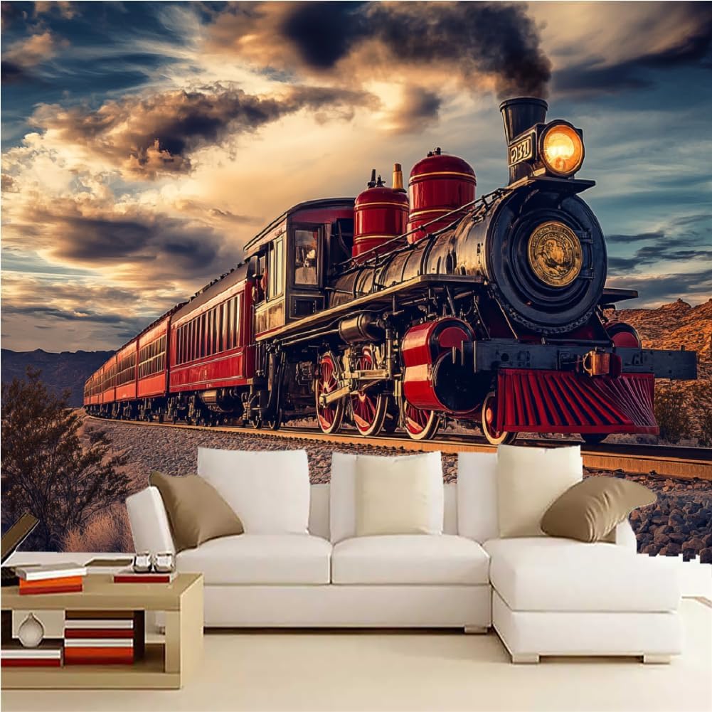 Modern WallMurals Train Self-Adhesive Wall murals Steam Train Murals Wallpaper for Walls Bedroom Living Room Bedroom TV Background Kids Room Decoration （144 in x 100 in）