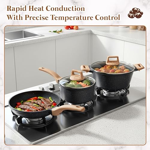 Miniatura 4 de Juego de 20 ollas y sartenes de silicona con soporte, sartenes y cacerolas de granito antiadherentes, utensilios de cocina para chef (negro)