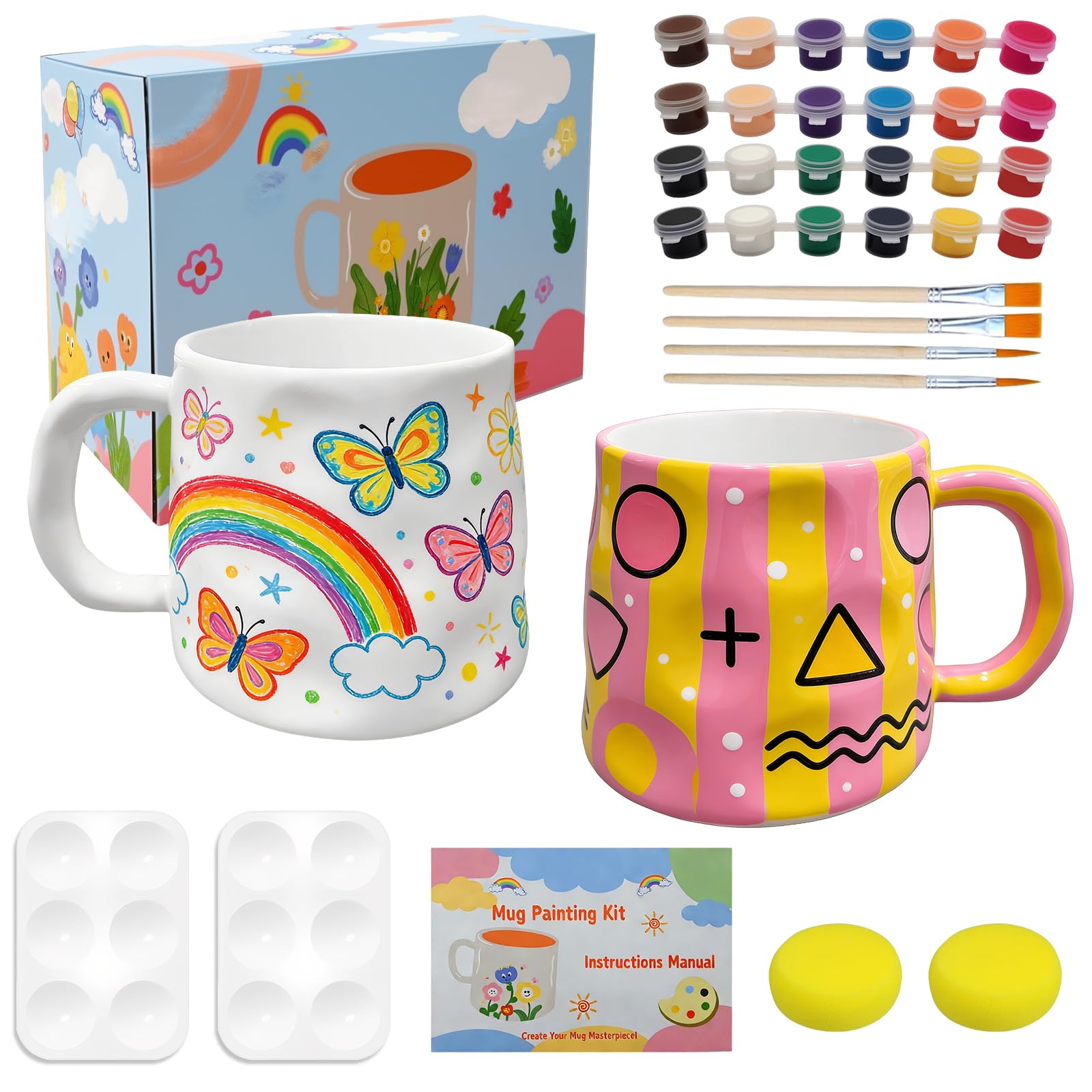 Kit para Pintar una Taza, Juego de Pintura de Cerámica, Kit de Pintura de Cerámica, Set de pintura cerámica para adultos, incluye tazas, pinceles, pinturas, bandeja para pintura e instrucciones