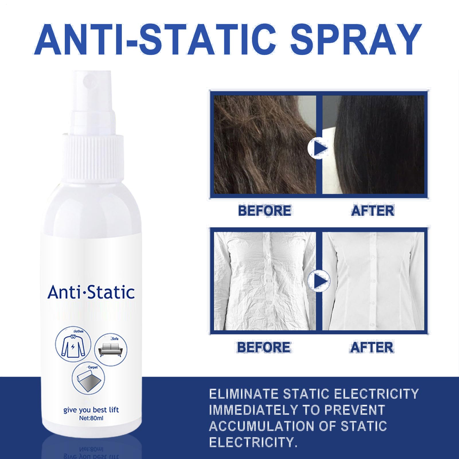 Static Guard Spray de protection antistatique rafraîchissant pour tissus de 80 ml, adoucissant sans odeur à longue durée avec action anti-frisottis pour vêtements, vêtements de et tissus