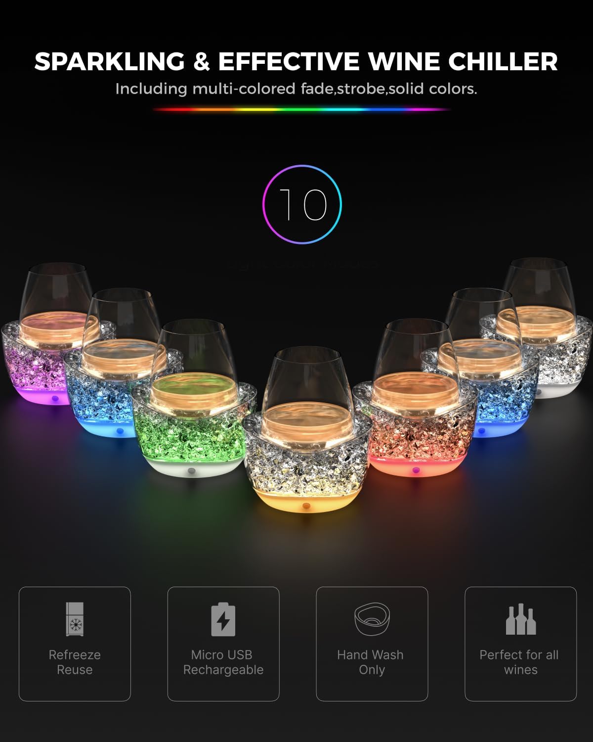 Wine Chiller for Glass Stemless Wine Glass Chiller Keeps Your Glasses of Vino Cold 10 Color Light Modes Separable Wine Essentials Accessories (White) - Image 2