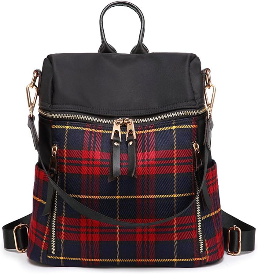 Mn&Sue Red Plaid Backpack Purse for Women Fashion Casual Daypack Dual-use Travel Shoulder Bag Rucksack - Image 2