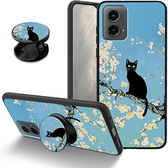 Soft TPU Case for Motorola Moto G Power 5G 2024, Apricot Blossom Black Cat Design with Stand Slim Shockproof Protective Cover, Lightweight Anti-Scratch Drop Protection Phone Case for Women Girls