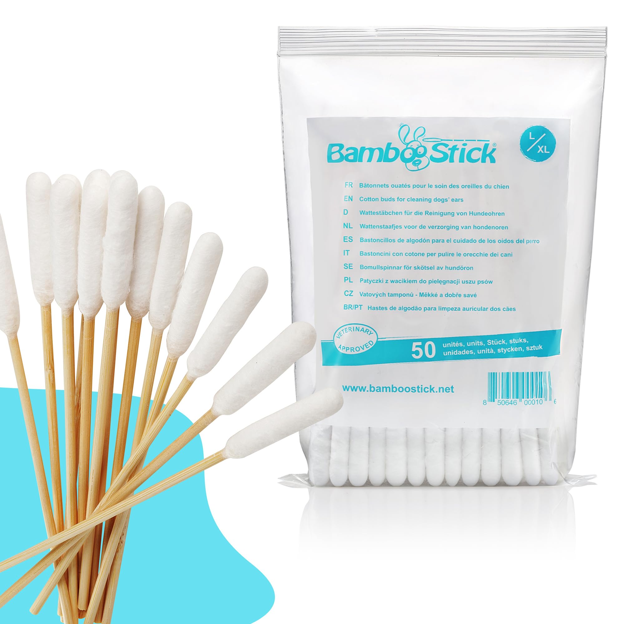 Bamboo Cotton Buds for Medium and Large Dogs (50 L/XL Buds) - Safe and Easy Ear Wax Removal - Designed by French Vet