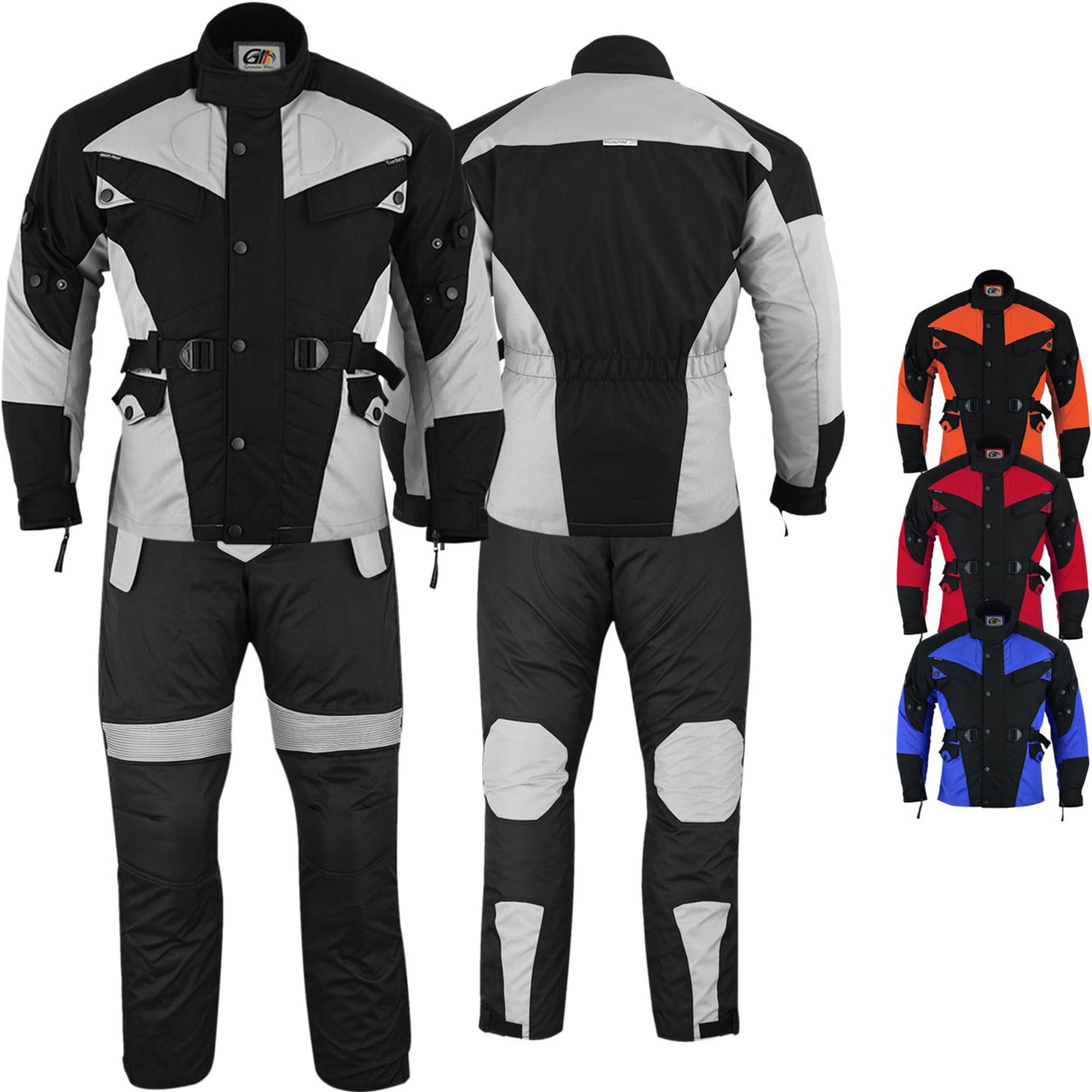 German Wear Męski kombinezon motocyklowy, 2-częściowy, z ochraniaczami, kombinezon motocyklowy, lekka tekstylna kurtka motocyklowa długa + spodnie motocyklowe, kurtka motocyklowa, wyjmowana wyściółka