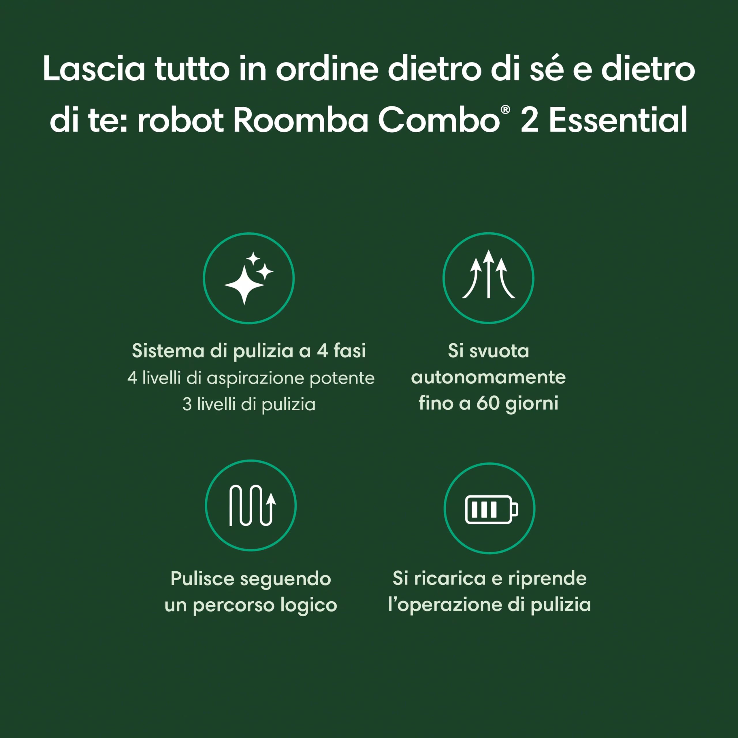 iRobot Roomba Combo 2 Essential con Stazione di Svuotamento Automatico, Robot Aspirapolvere Lavapavimenti, Sistema di Pulizia a 4 Stadi e 4 Livelli di Aspirazione, Controllabile tramite App, Nero