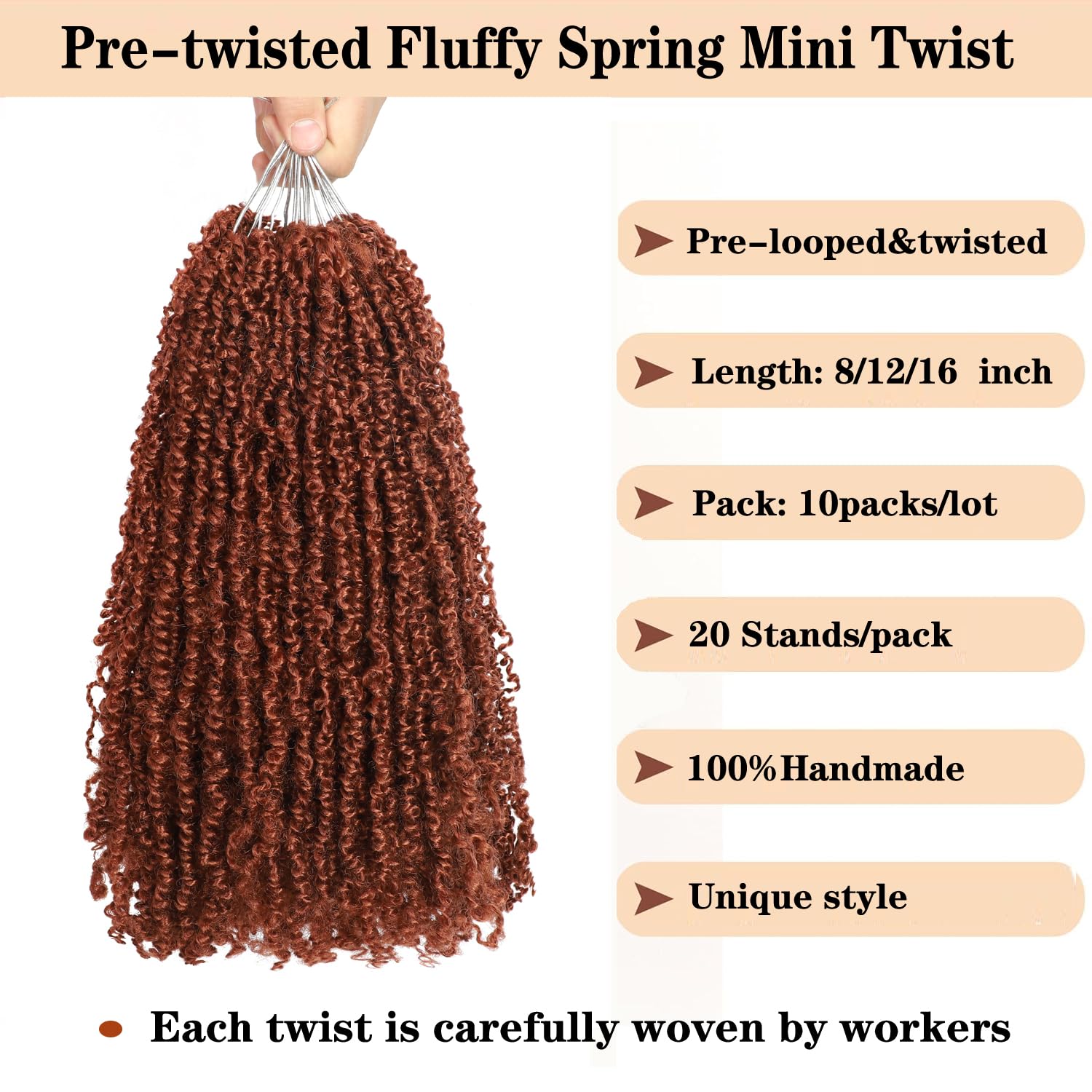 10 Packs Yanky Twist Crochet Hair 16 Inch Pre-twisted Natural Black Kinky Mini Spring Small Curly Senegalese Twist Braids Yankee (350#(Ginger Red) - Image 2