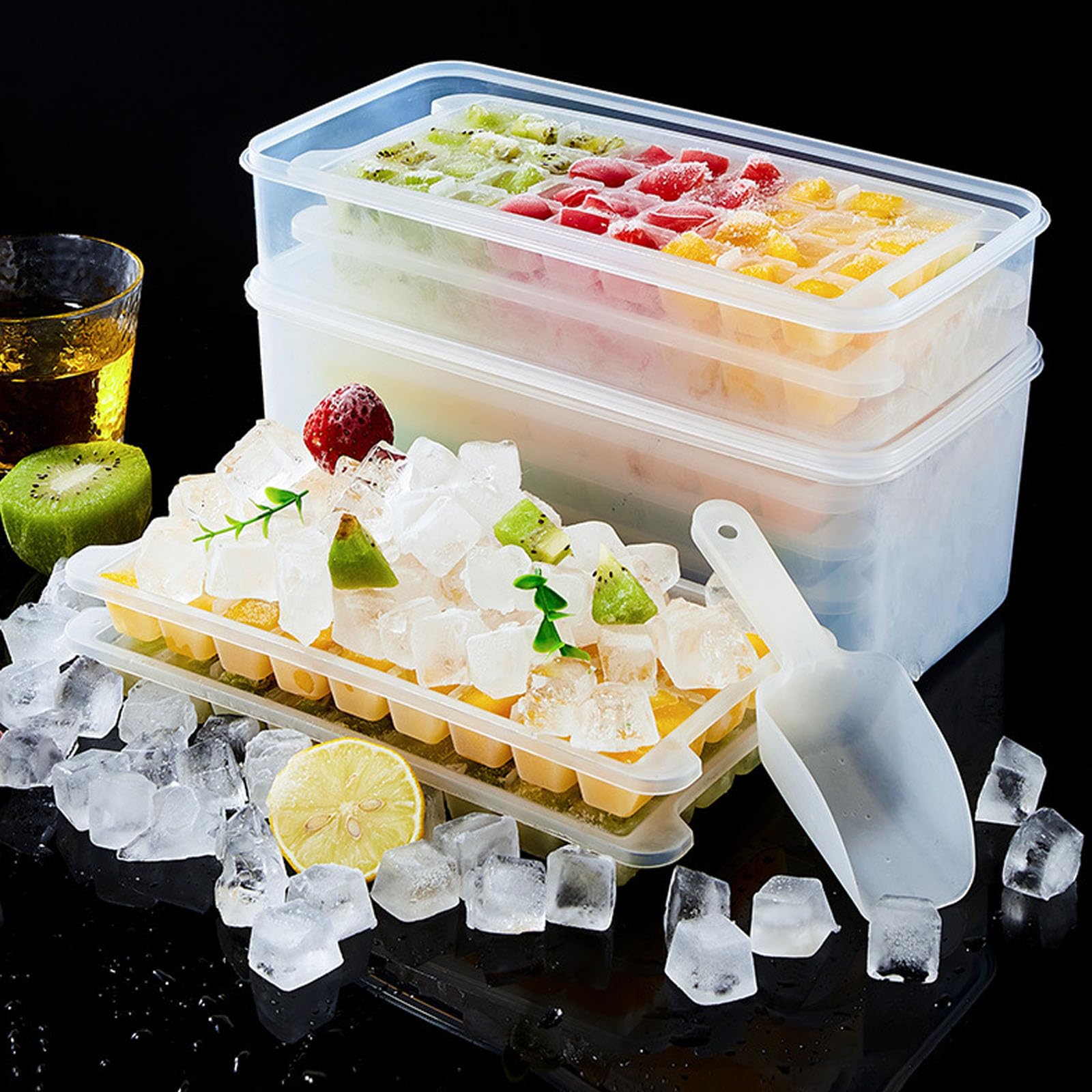 Eiswürfelform mit 4 Ebenen mit Deckel & verschließbarem Mülleimer - 128 Fächer, leicht zu lösender weicher Boden, stapelbarer Eiswürfel-Organizer für Gefrierschrank, BPA-frei