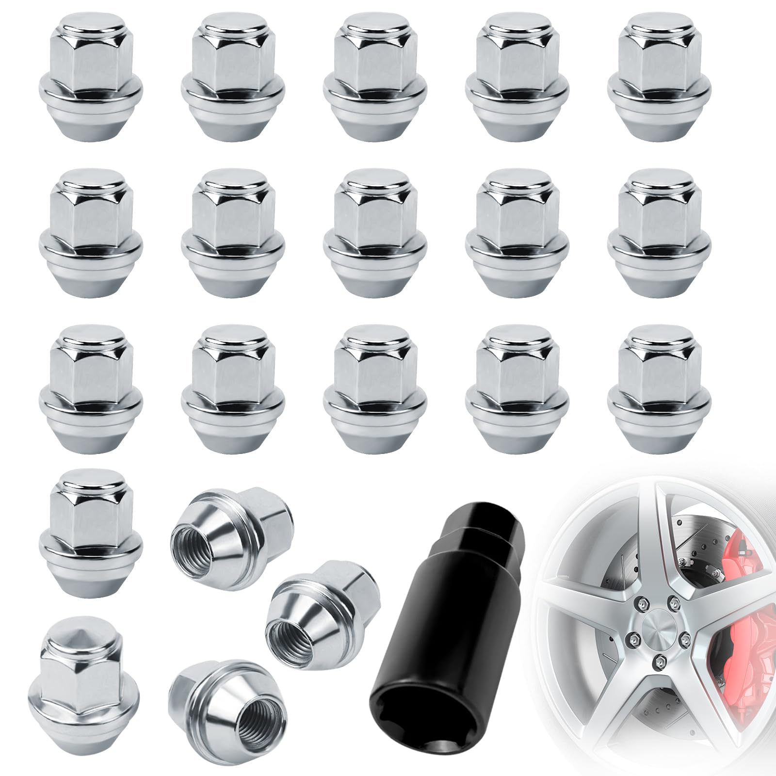 20 pezzi Dadi per Ruota con Cappuccio Cromato Viti Cappuccio Chiuso a Sede Conica 60° Dadi per Ruota M12x15 per la maggior parte di Ford Fiesta Focus Fusion (B-M12X1.5, Argento)