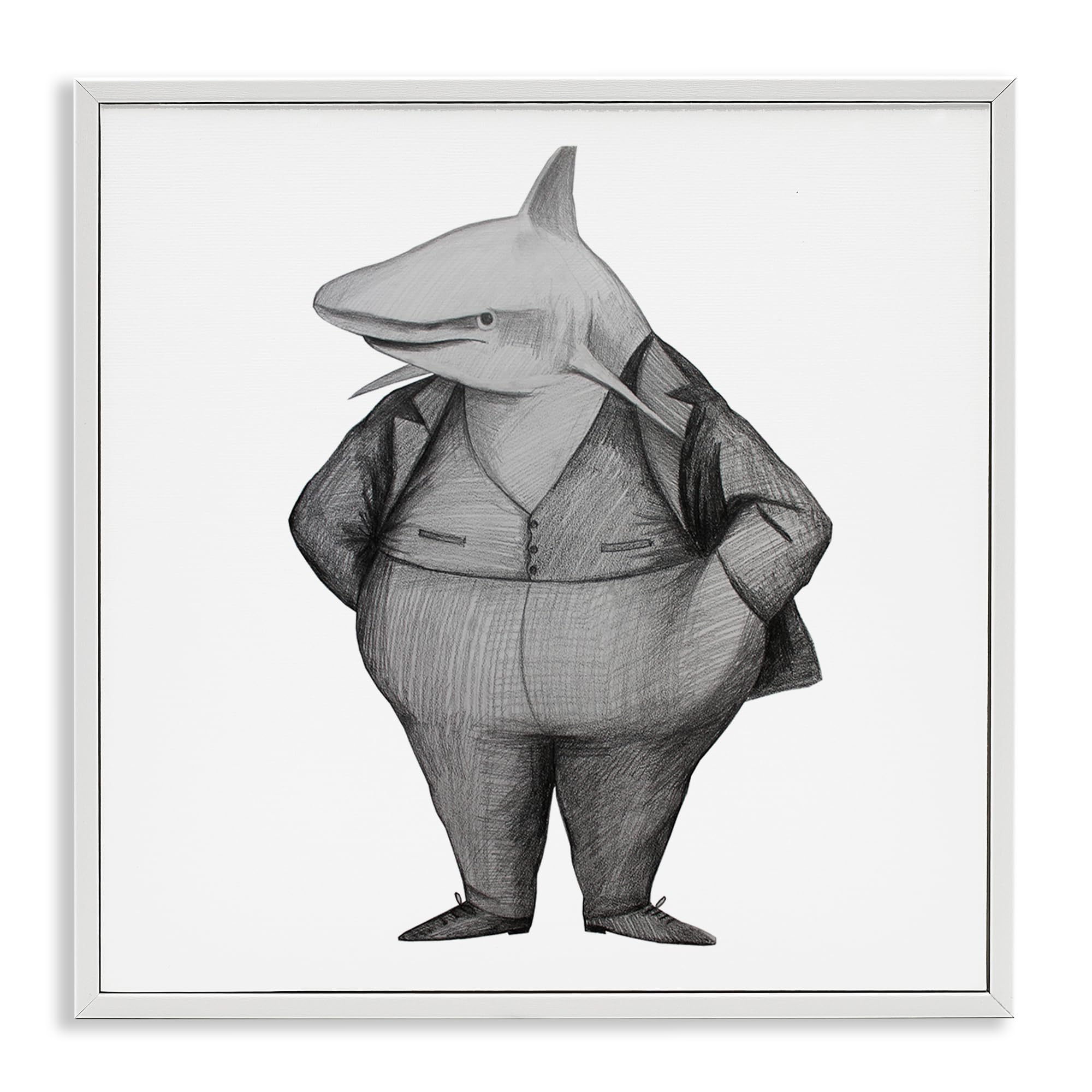 Stupell Industries Coastal White (Textured) 'Shark In Suit Drawing', Framed Giclee Art, White, 12 X 12 Inches, Easy To Hang And Sturdy, Made In Usa, By Violeta Vollmer