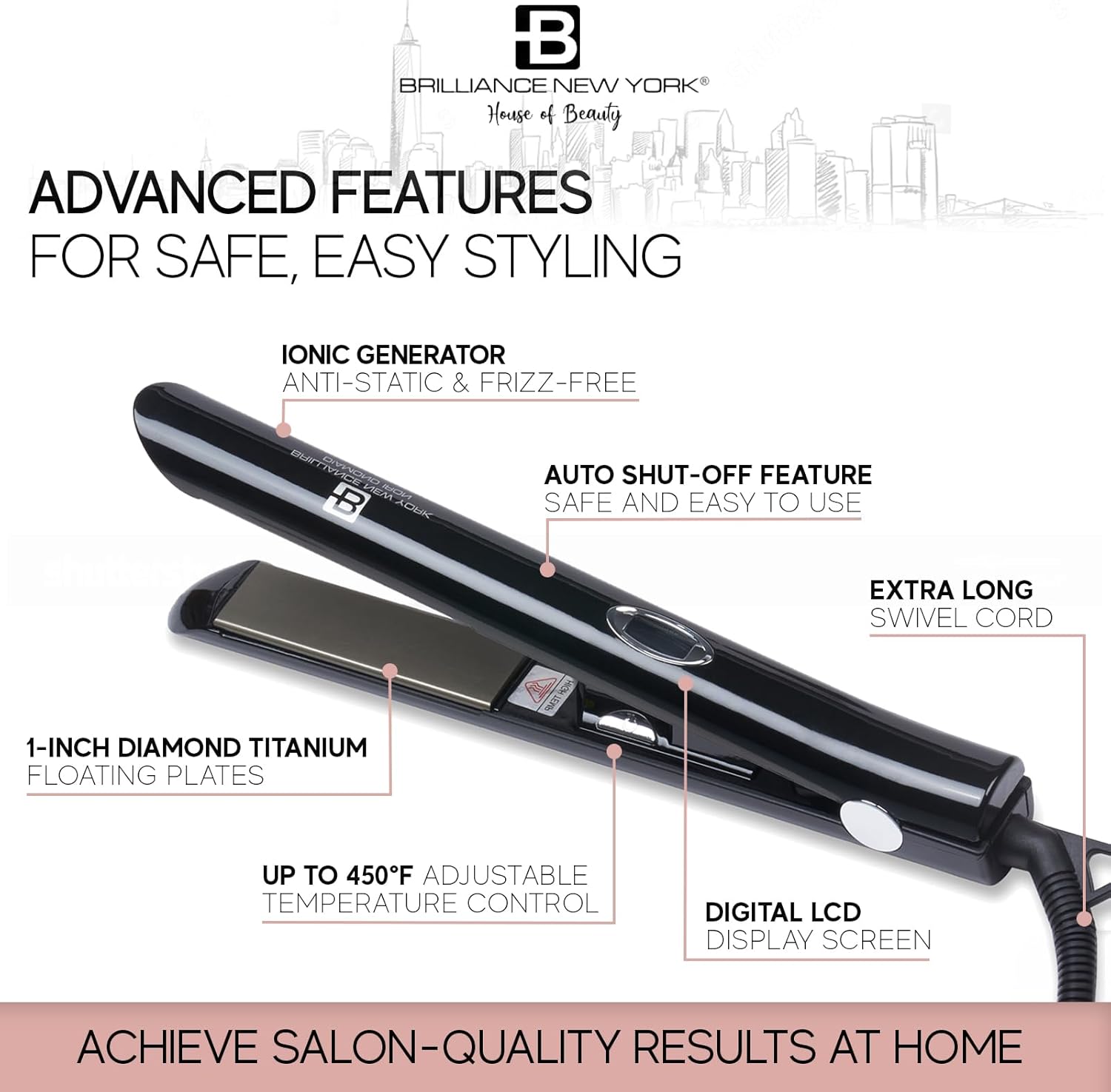 Brilliance New York - 1 Inch Diamond Titanium Flat Iron - 2 in 1 Hair Straightener and Curler - Anti-Static, Frizz-Free Ionic Plates - Auto Shut-Off Dual Voltage Flat Iron w/LCD Display